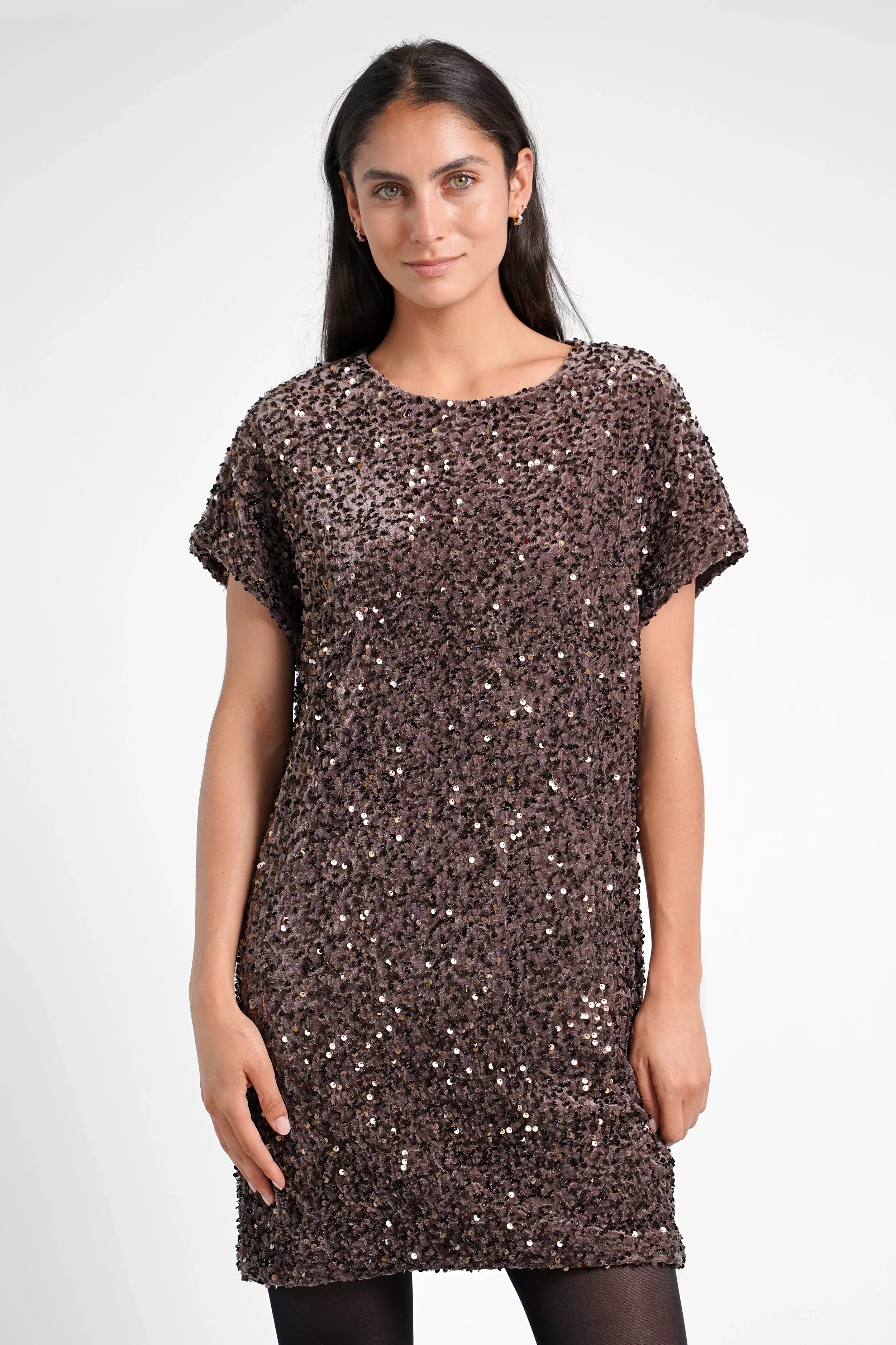 Festliches HALIA Pailletten Kleid aus weichem Samt mit geradem Schnitt und überschnittenen Schultern