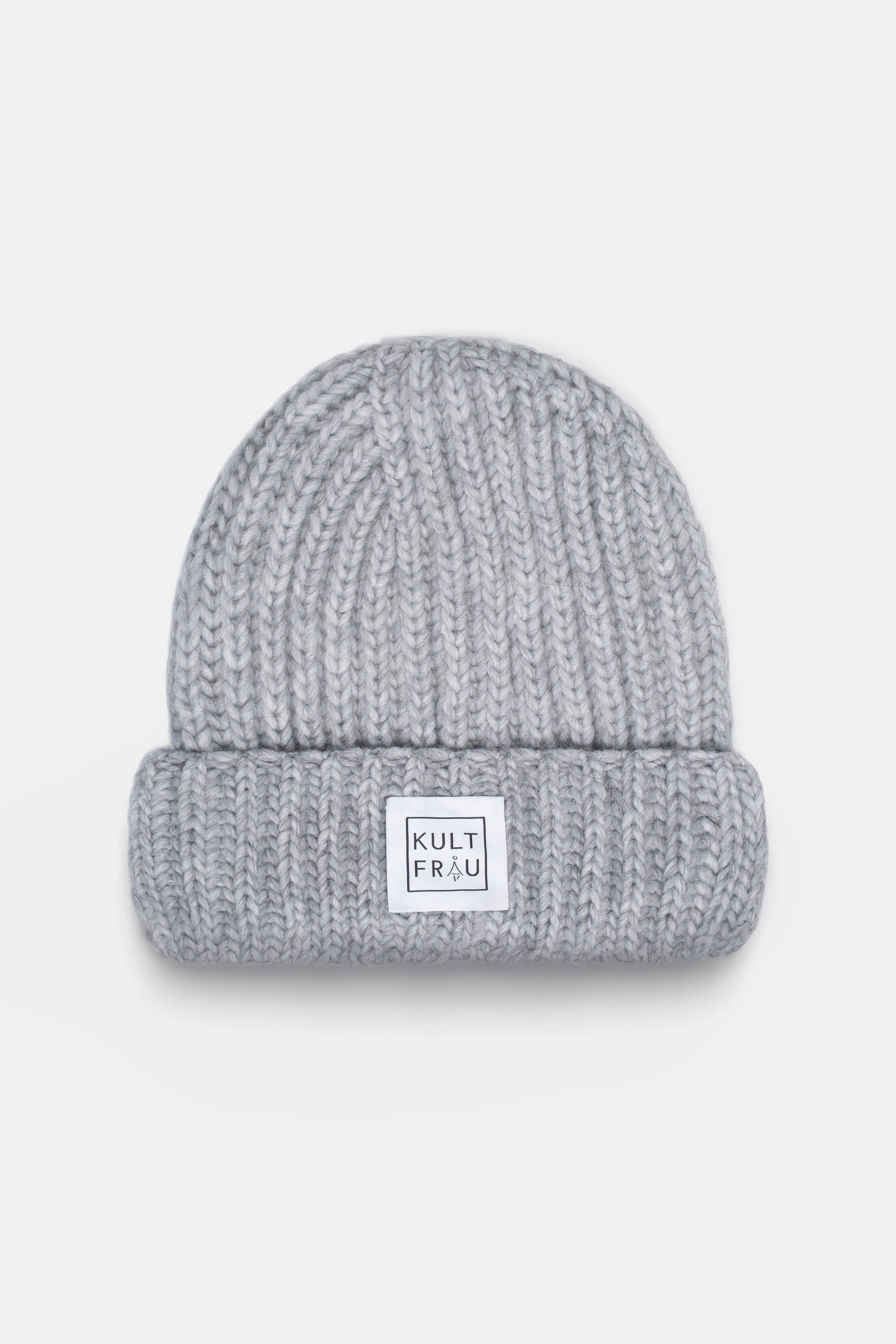 HATY Strickmütze graue Wollmix Mütze mit grobem Rippstrick und Kultfrau-Logo