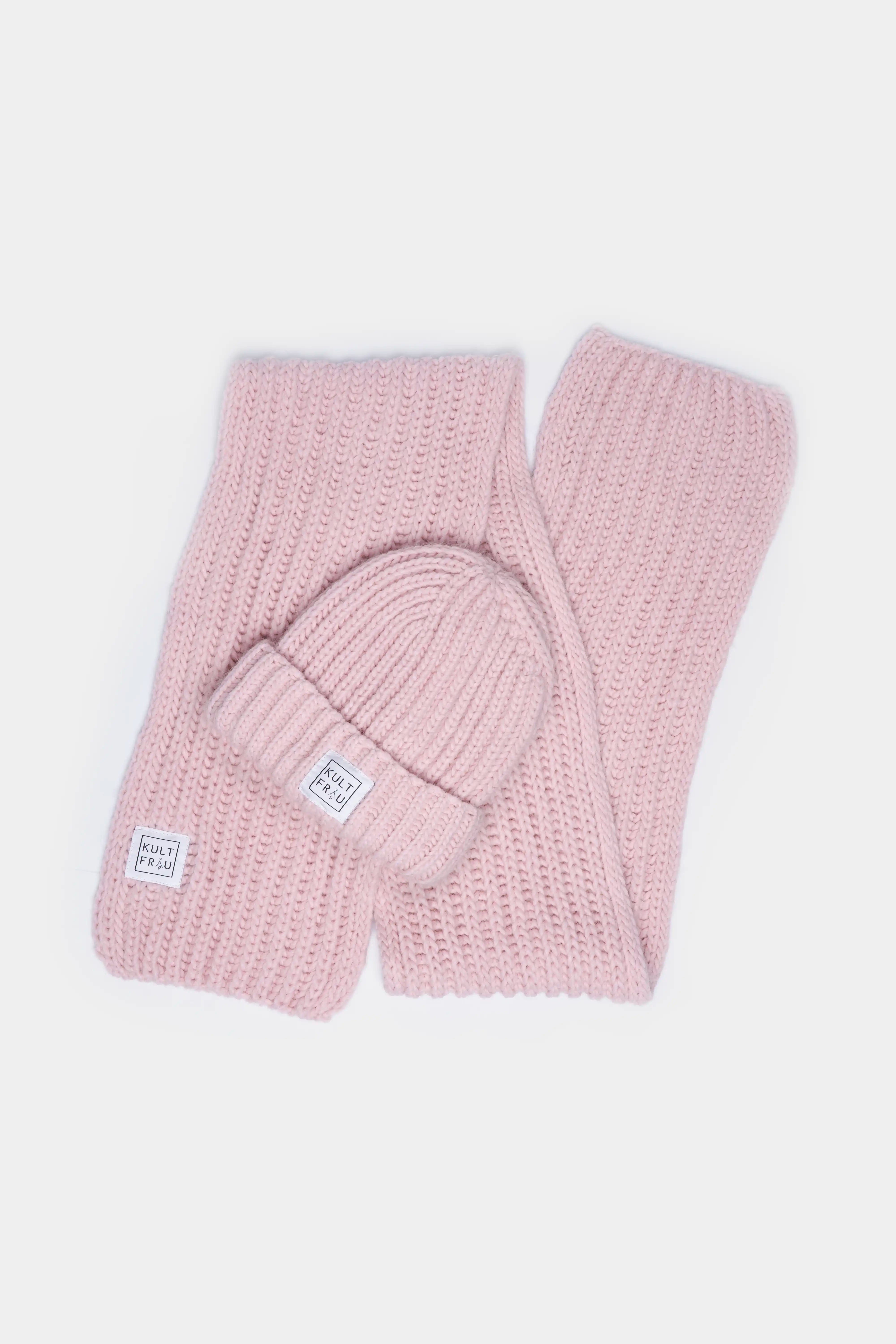 HATY Strickmütze grob gerippte rosa Wollmütze mit breitem Umschlag und Kultfrau-Logo