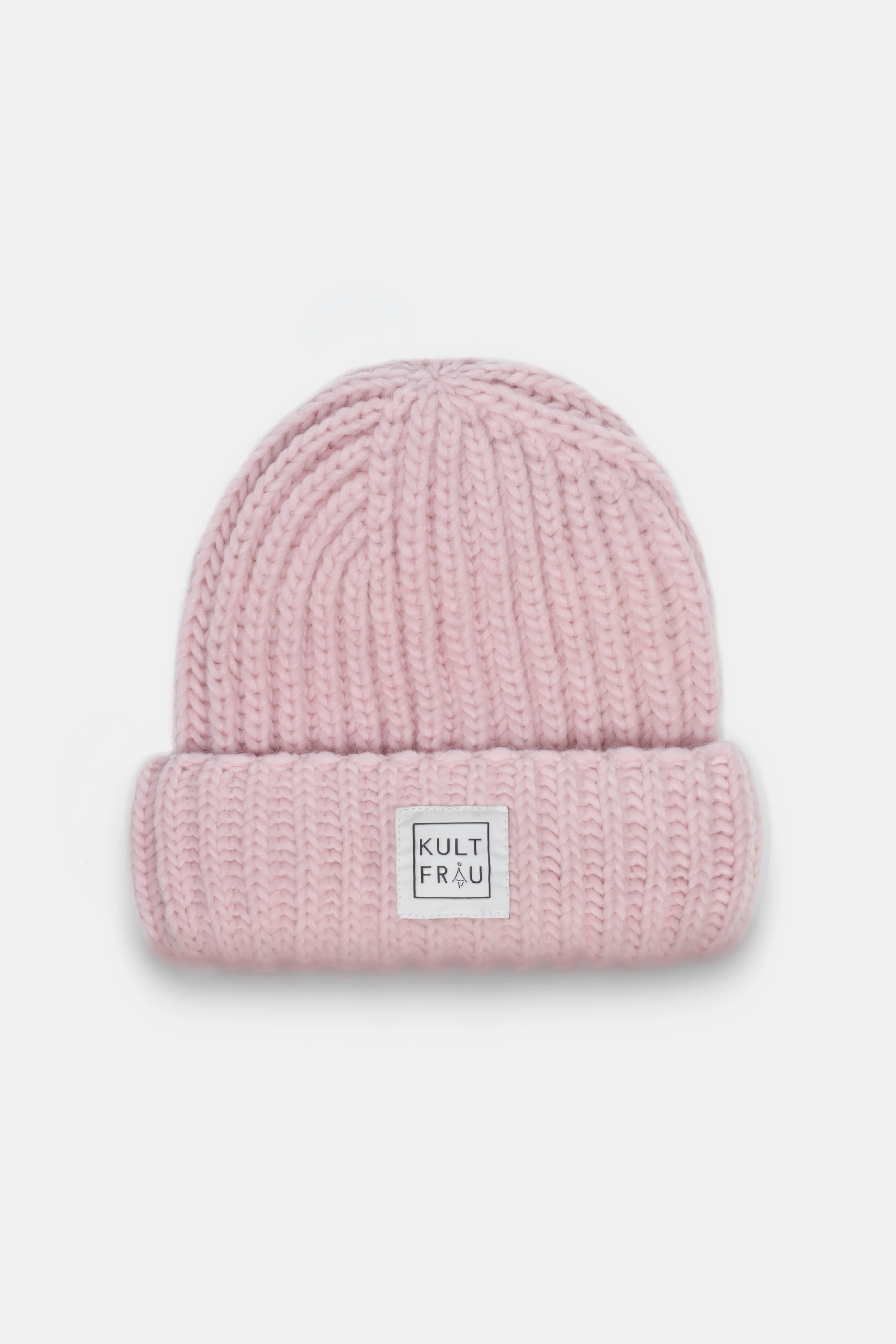 HATY Strickmütze aus grobem Rippstrick mit breitem Umschlag und Kultfrau-Logo in Rosa