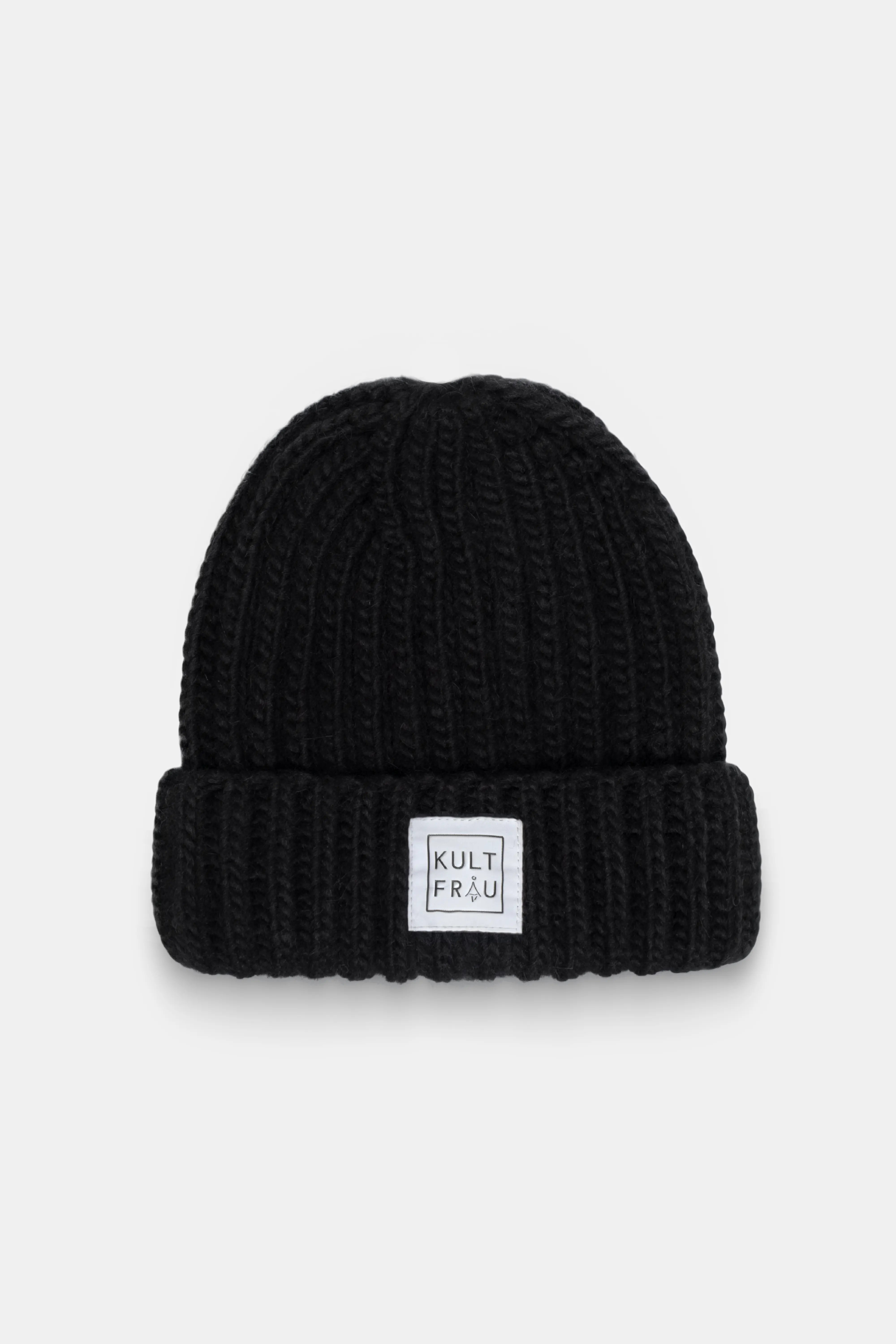 HATY Strickmütze aus grobem Rippstrick mit breitem Umschlag und Kultfrau-Logo in schwarz, weich und kratzfrei, One Size