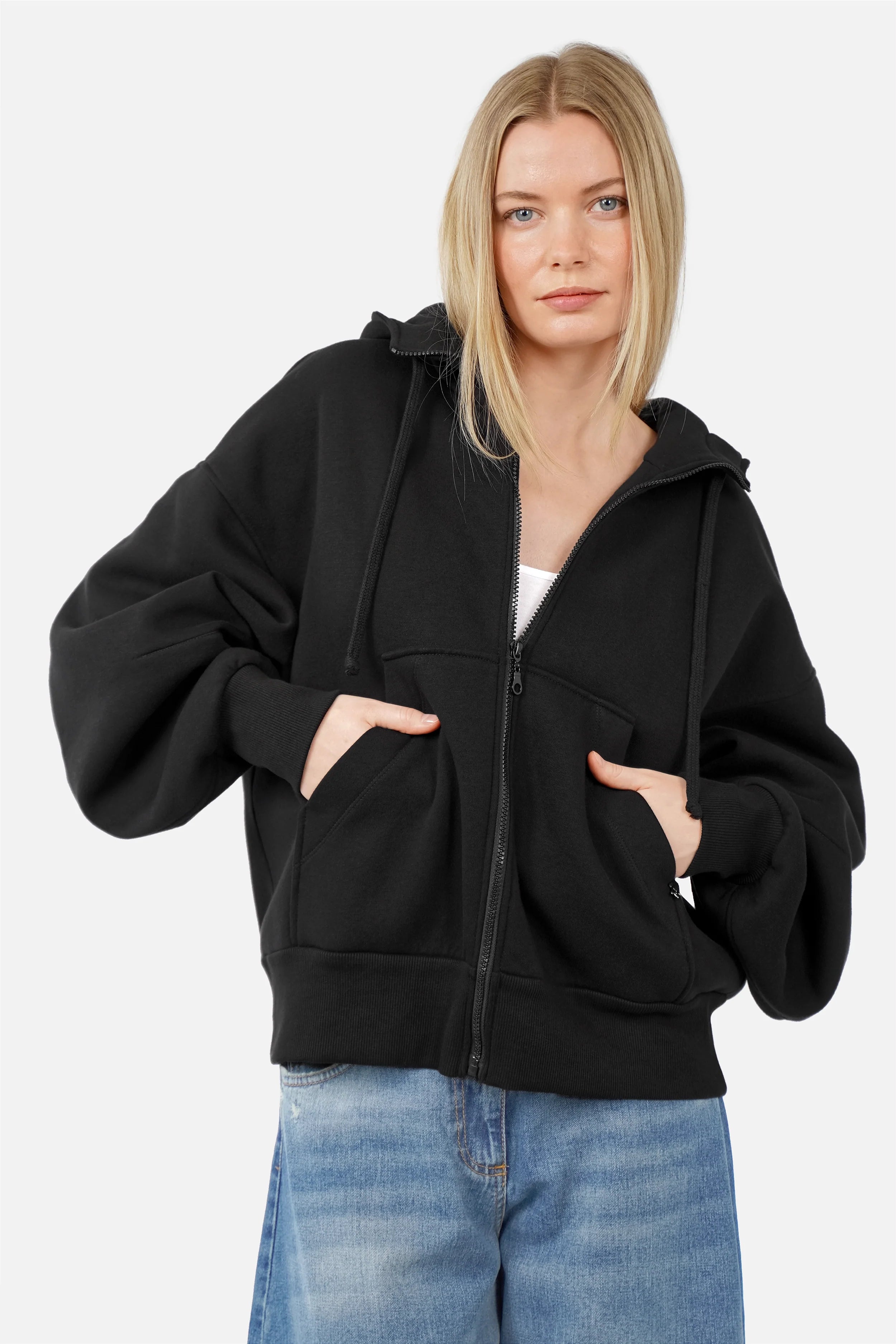 HEDIE Zip-Hoodie mit Kapuze, Reißverschluss, überschnittenen Schultern und voluminösen Säker-Ärmeln in Relaxed Fit