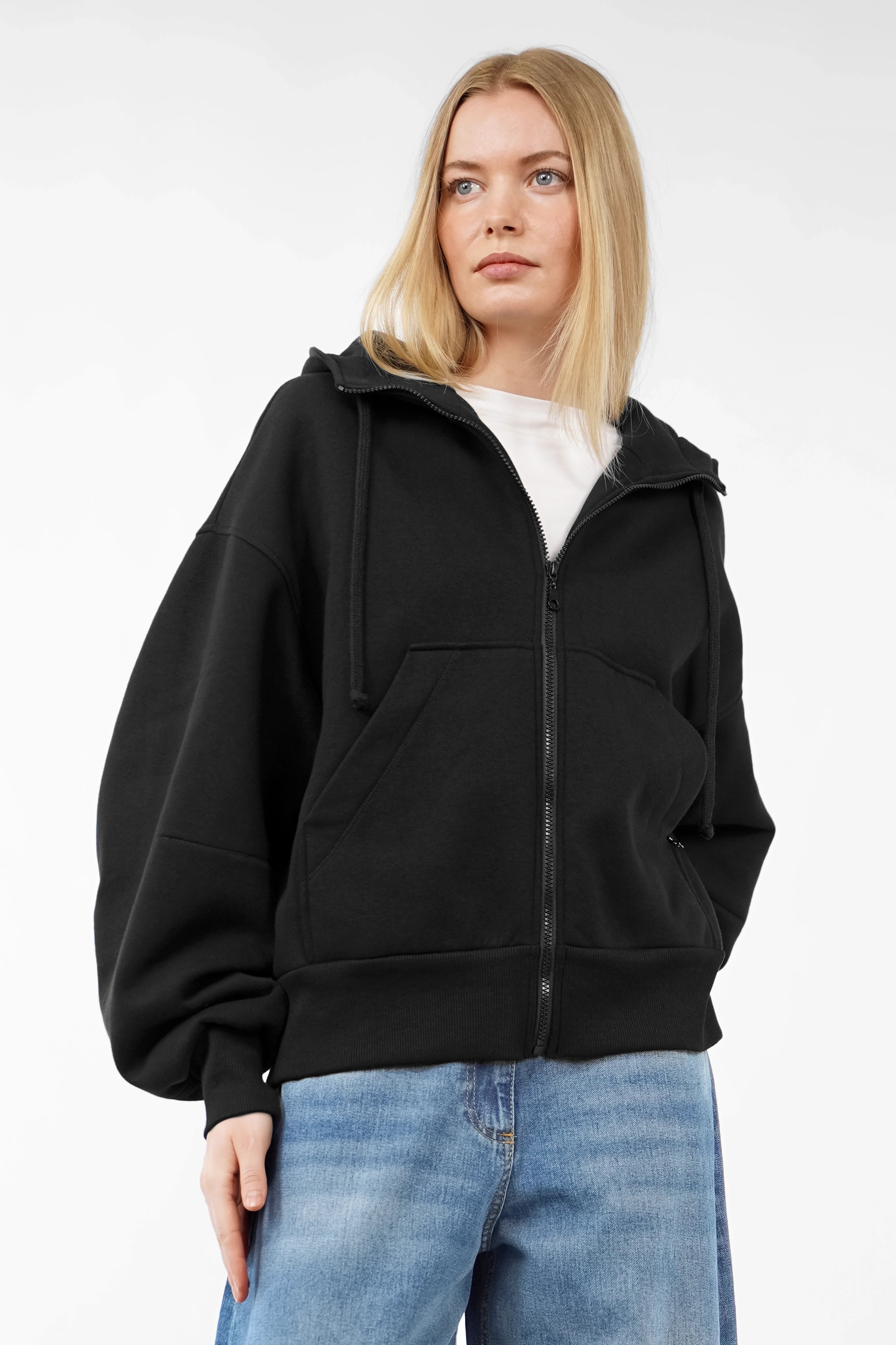 HEDIE Zip-Hoodie mit Kapuze, Reißverschluss, voluminösen Ärmeln und Kängurutasche in entspannter Passform