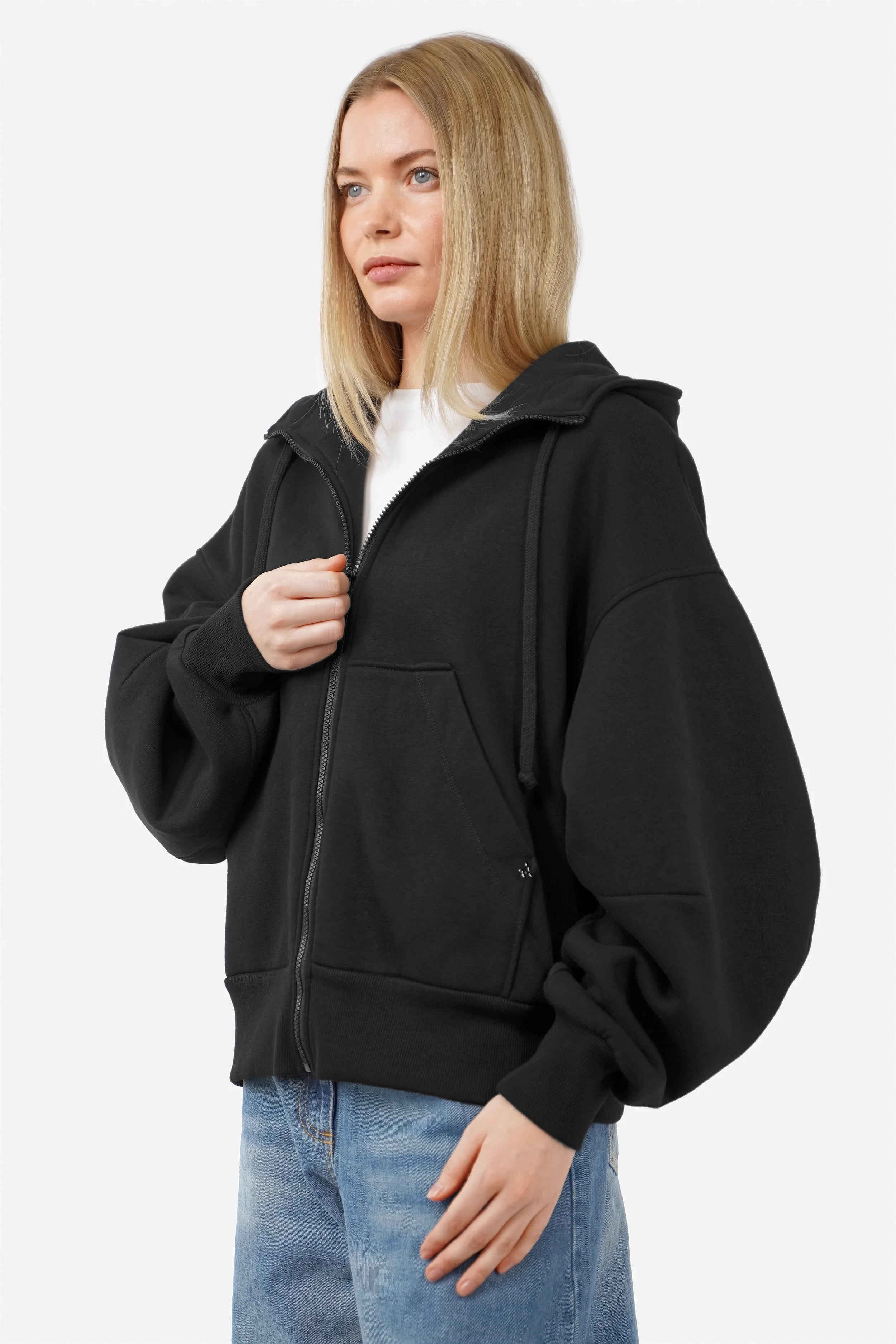 HEDIE Zip-Hoodie mit Kapuze, Reißverschluss und voluminösen Sakeia-Ärmeln in Relaxed Fit