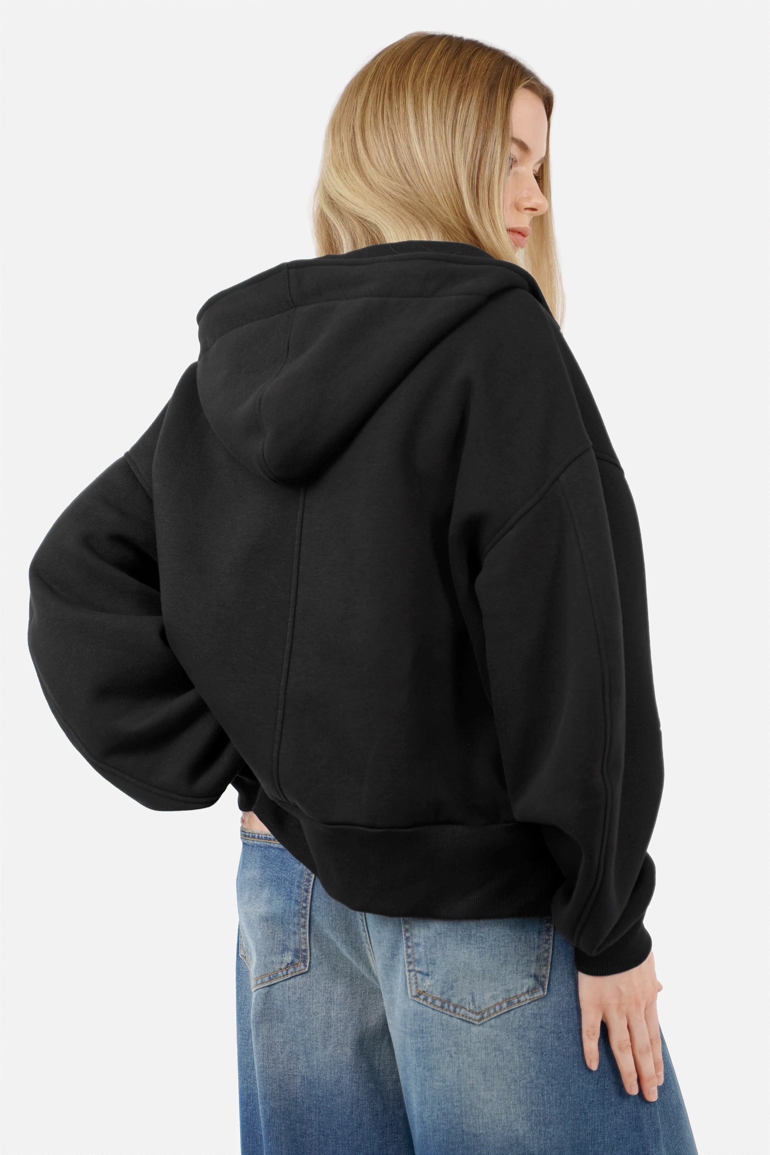 HEDIE Zip-Hoodie mit Kapuze, Reißverschluss, überschnittenen Schultern und voluminösen Ärmeln im relaxed Fit