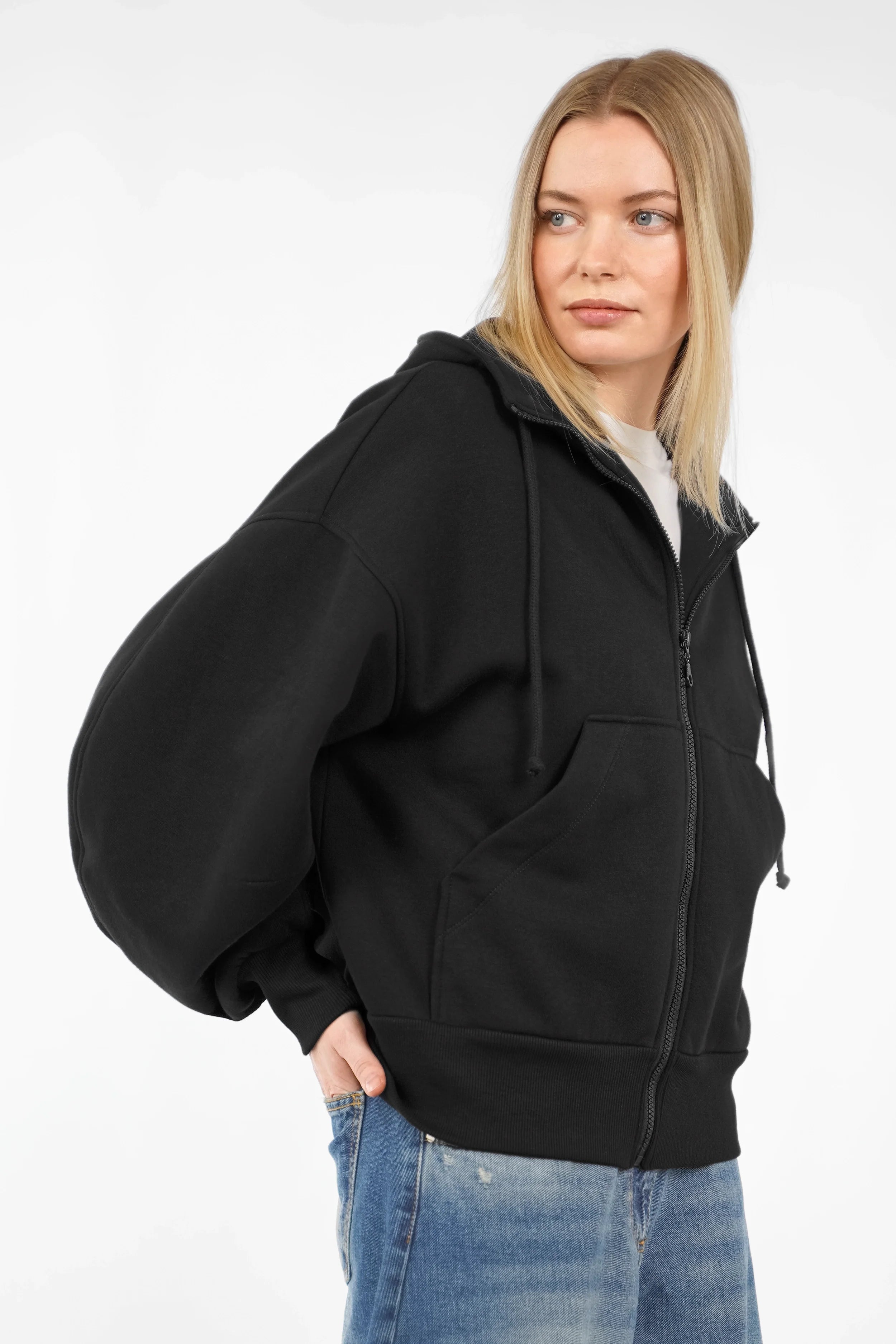 HEDIE Zip-Hoodie mit Kapuze, Reißverschluss, überschnittenen Schultern und voluminösen Ärmeln in Relaxed Fit