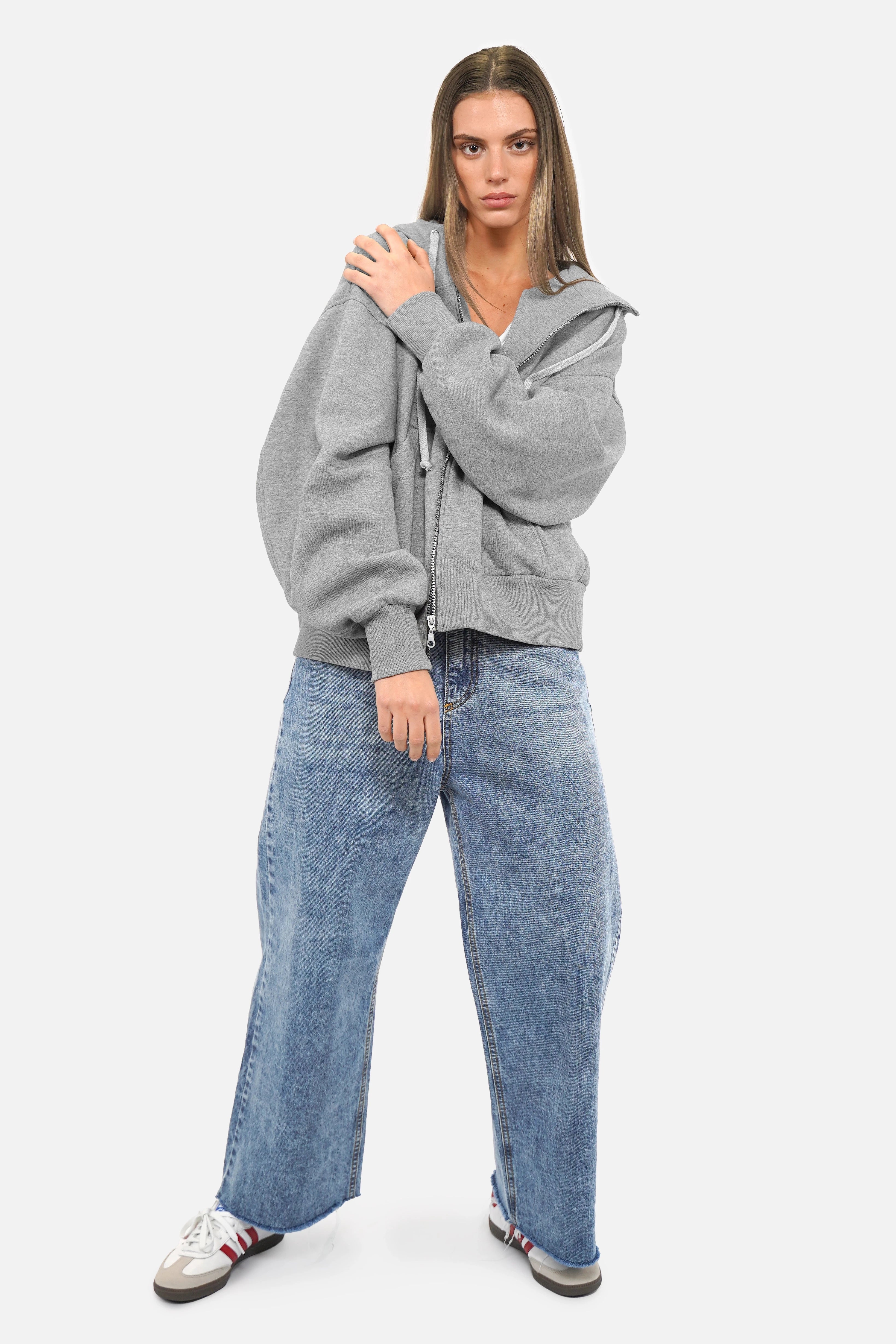 HEDIE Zip-Hoodie mit Kapuze, Reißverschluss, überschnittenen Schultern und voluminösen Ärmelbündchen in relaxed Fit