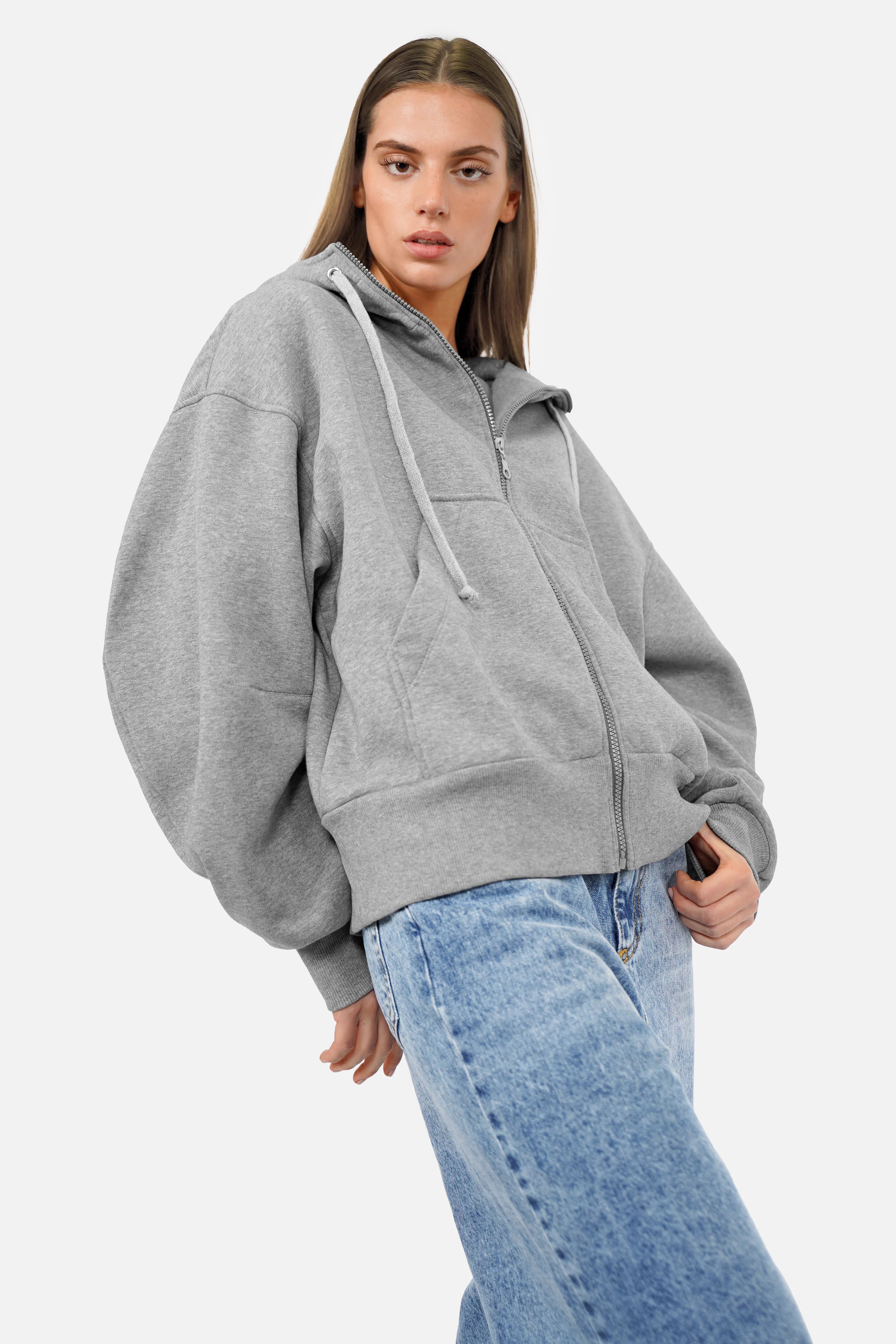 HEDIE Zip-Hoodie mit Kapuze, Reißverschluss, überschnittenen Schultern und voluminösen Ärmeln in relaxed fit