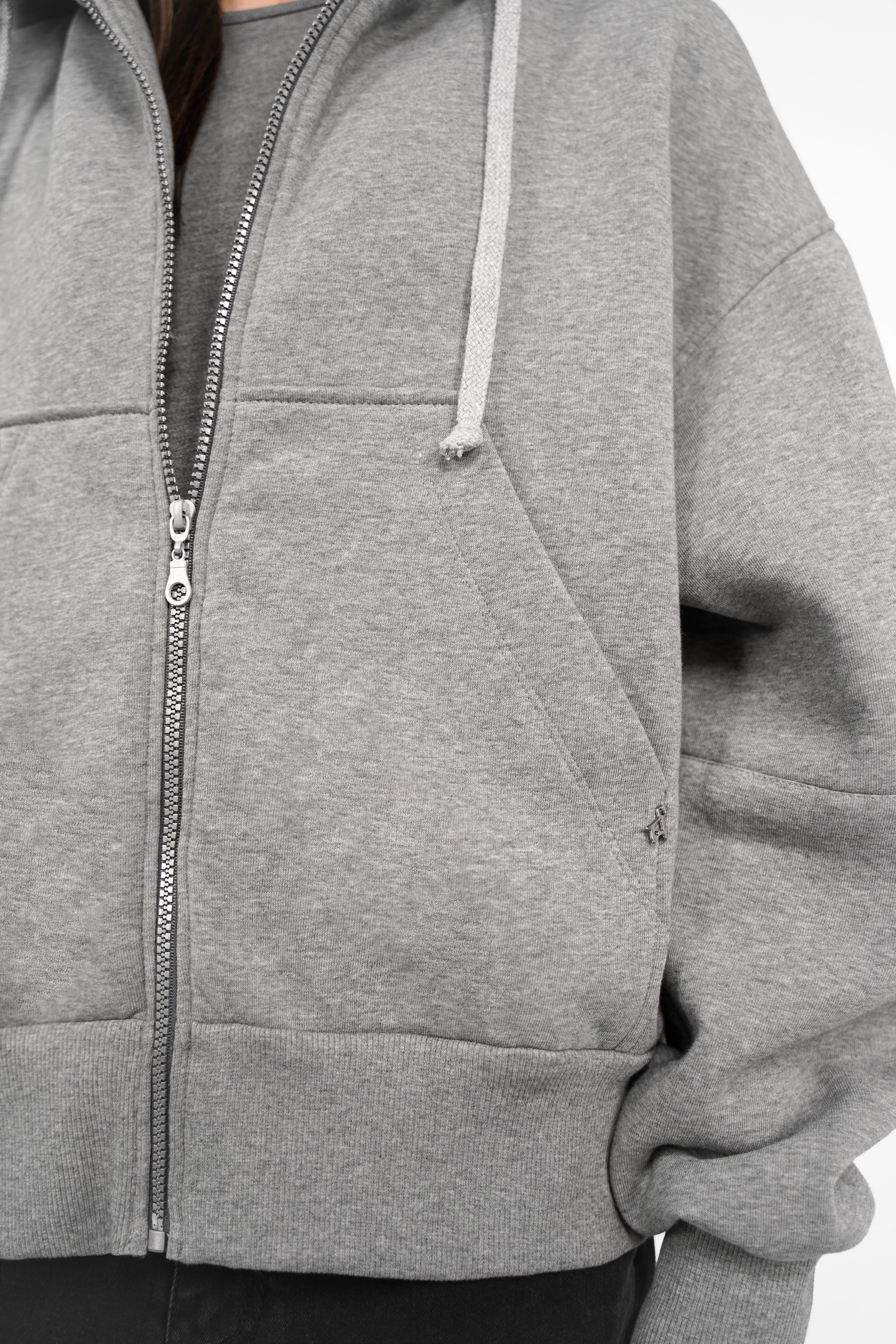 Gray relaxed fit HEDIE zip-hoodie with kangaroo pocket and drawstring hood