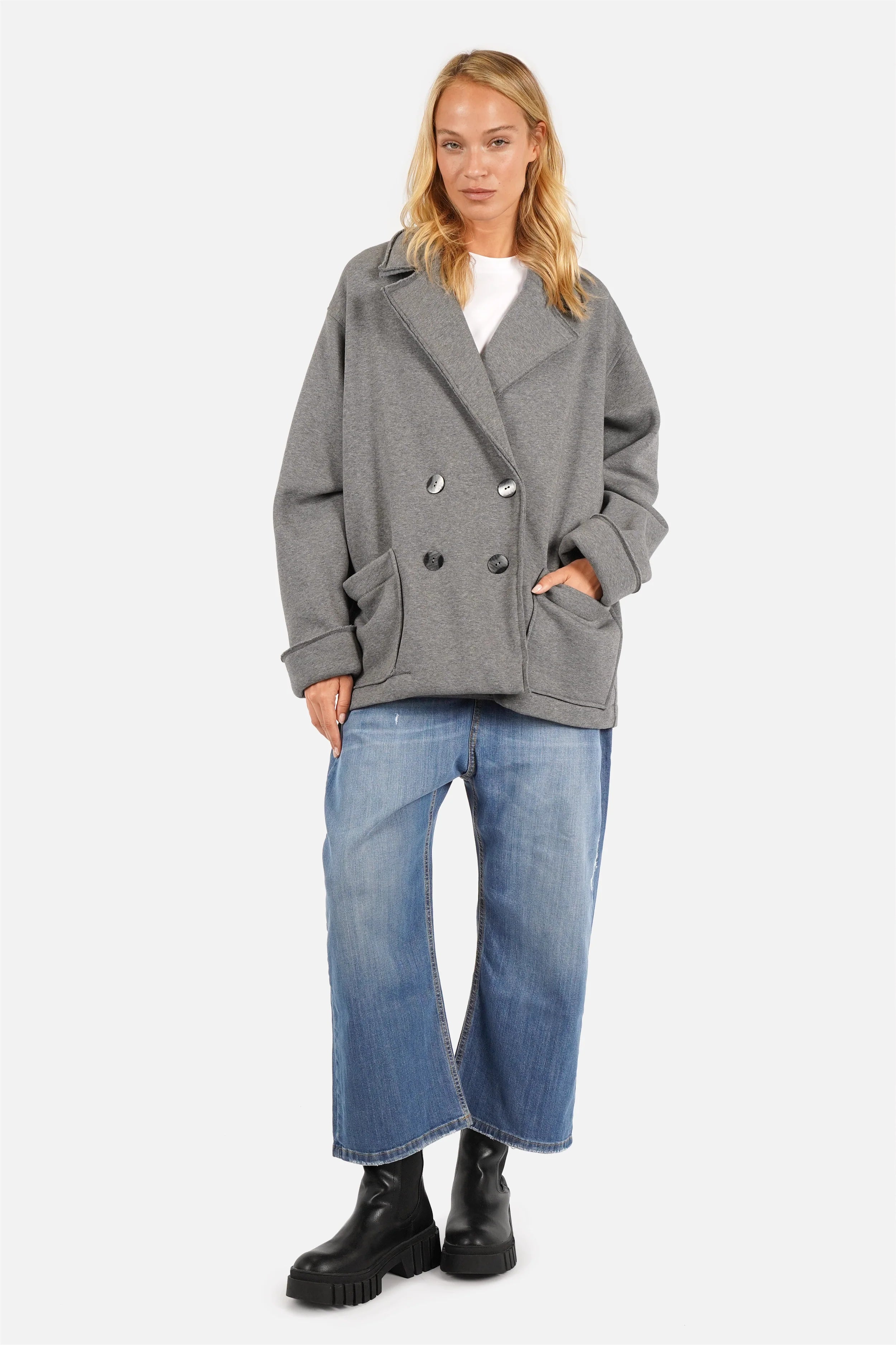 HELIEE Oversized Sweat-Kurzmantel mit Reverskragen und doppelseitiger Knopfleiste aus weichem Jersey