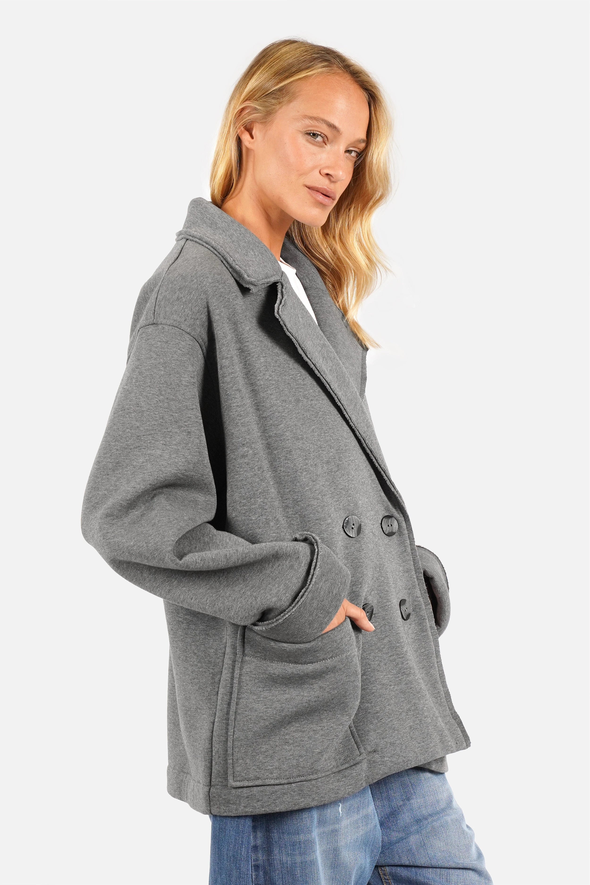 HELIEE Oversized Sweat-Kurzmantel im Caban-Stil mit Reverskragen und Doppelknopfleiste