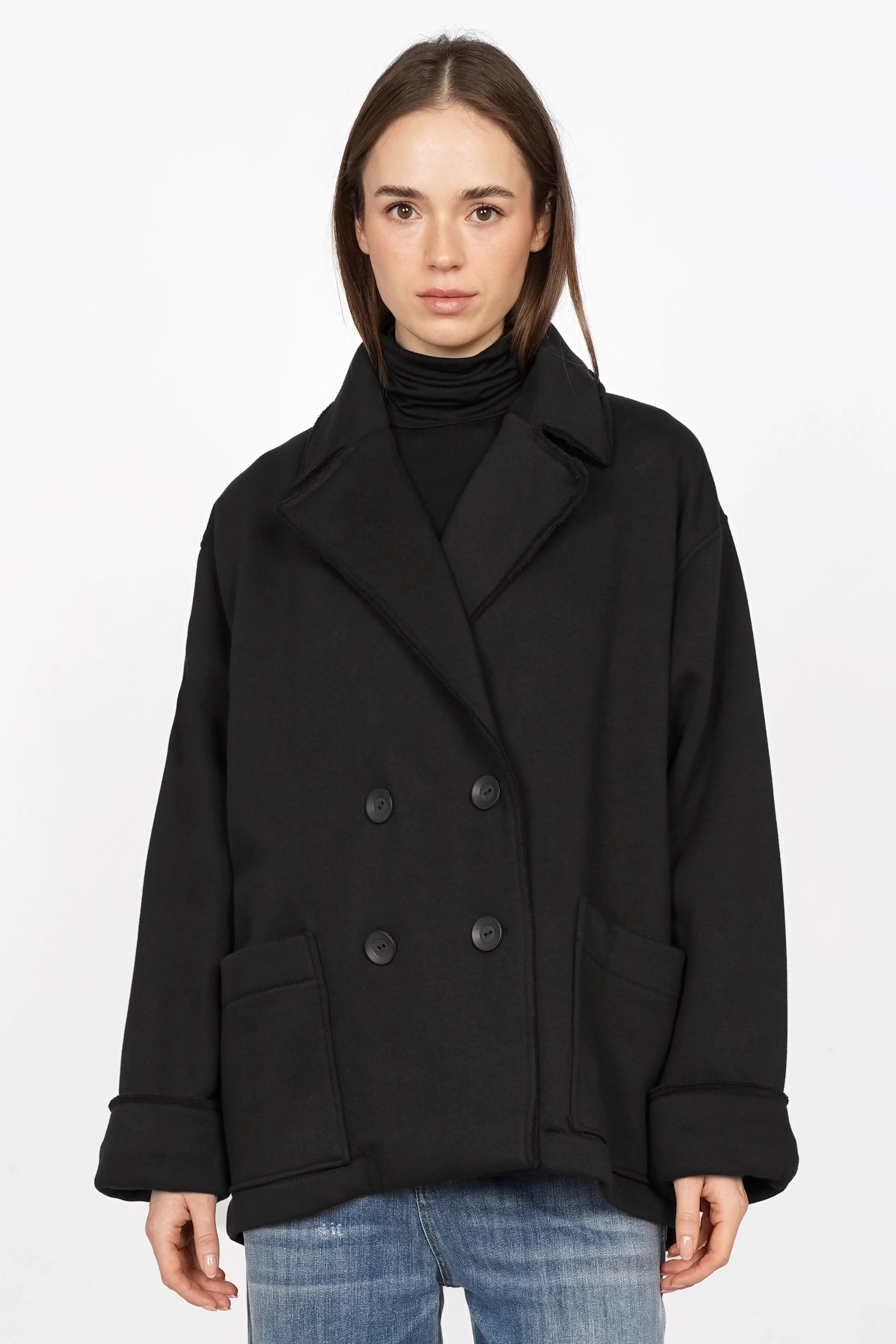 Schwarzer HELIEE Oversized Sweat-Kurzmantel mit Raw-Cut Säumen und Doppelknopfreihe