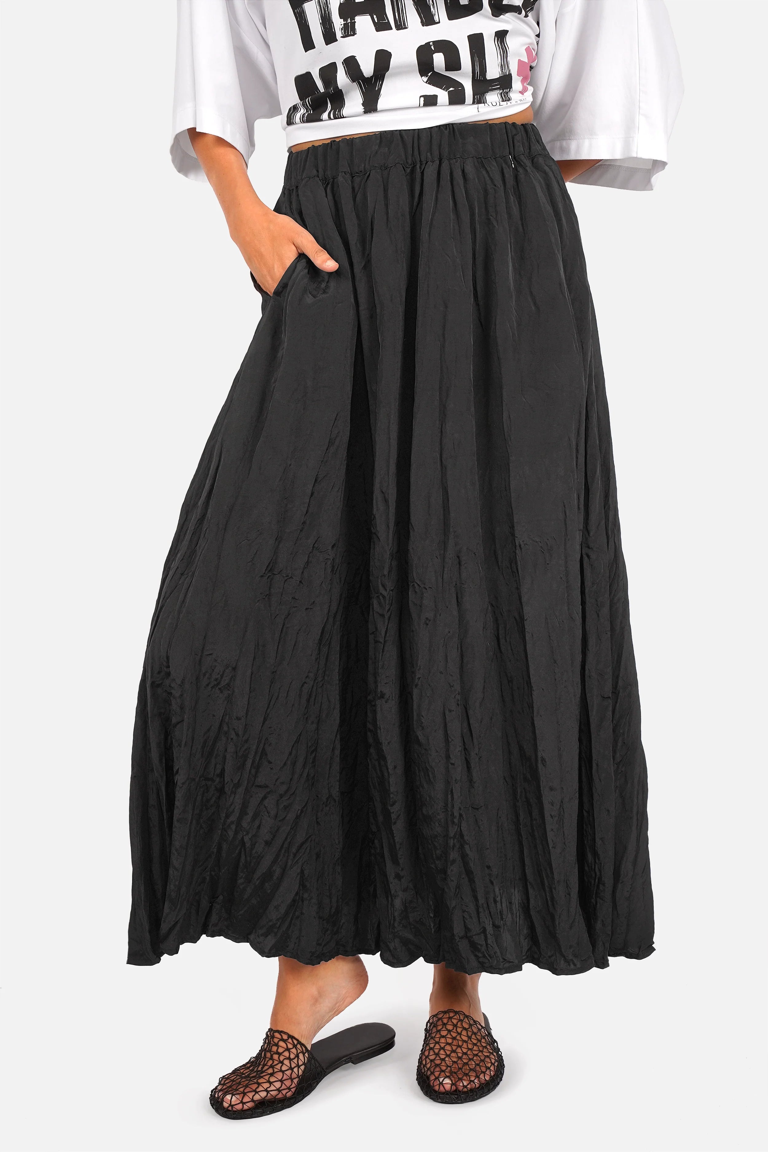 Crinkle Maxirock mit elastischem Bund und seitlichen Taschen in A-Linie, Maxi Länge, Regular Fit