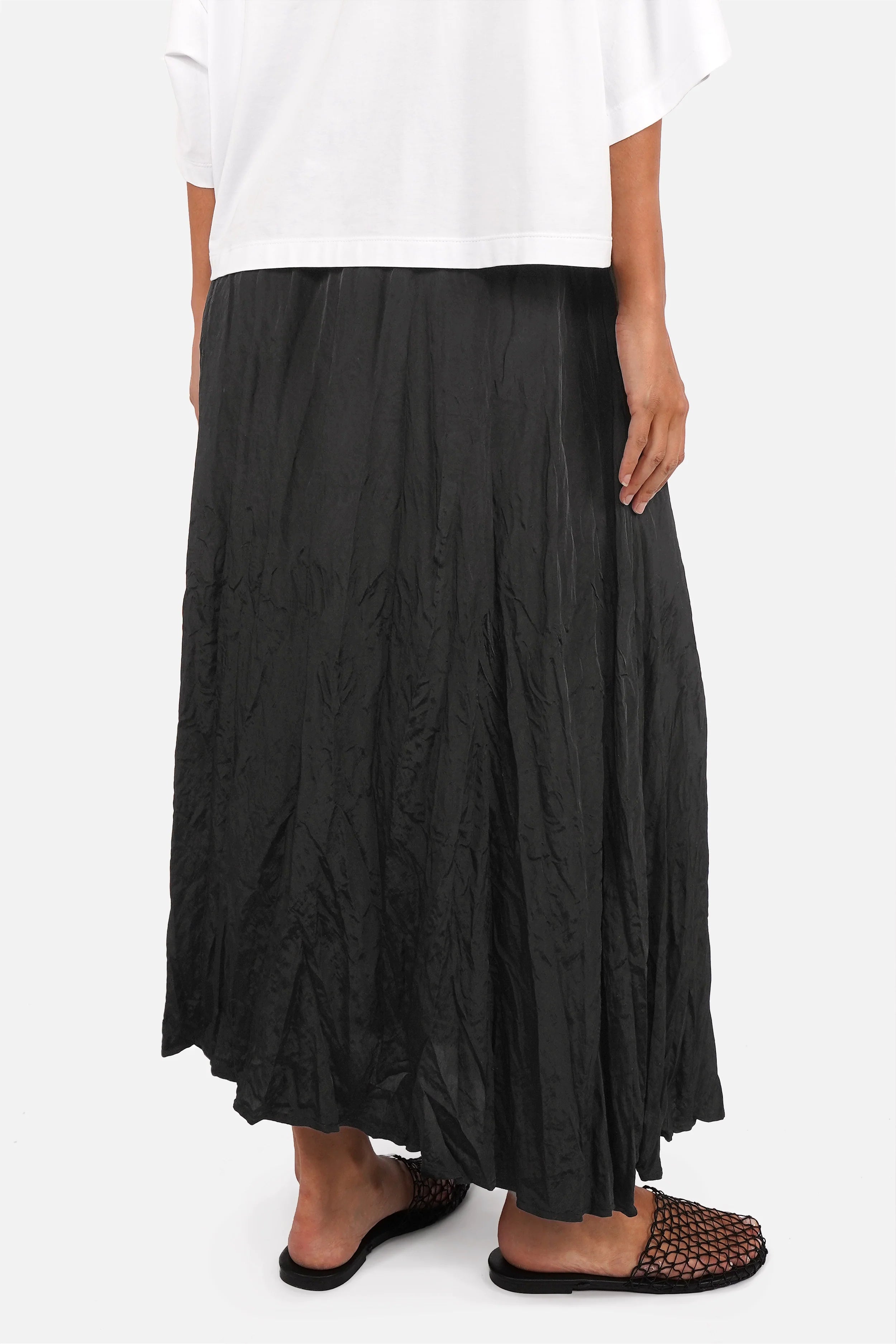 Damen Crinkle Maxirock mit elastischem Bund und seitlichen Taschen in A-Linie, Maxi Länge