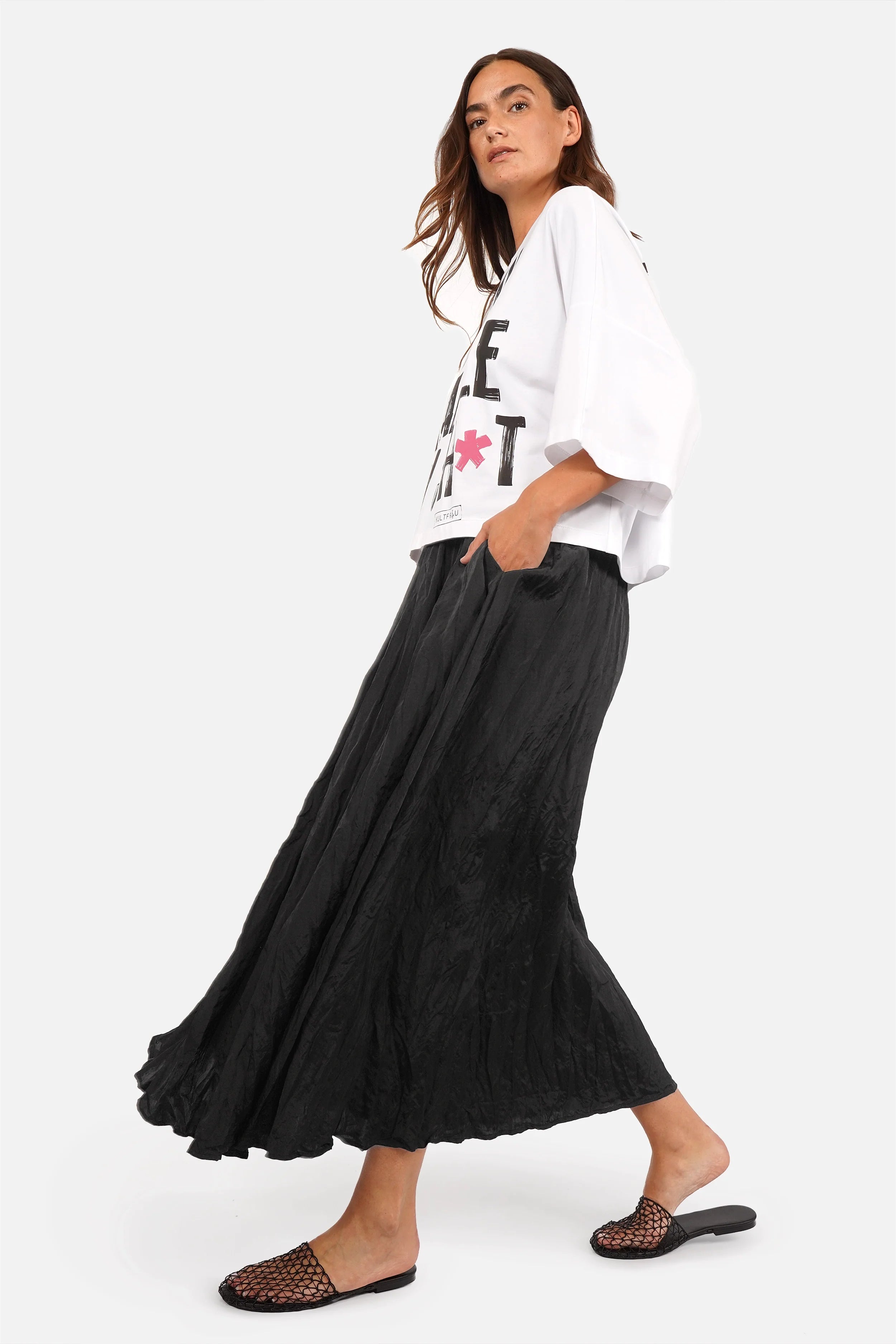 Damen Crinkle Maxirock mit elastischem Bund und seitlichen Eingrifftaschen in A-Linie und Maxi Länge
