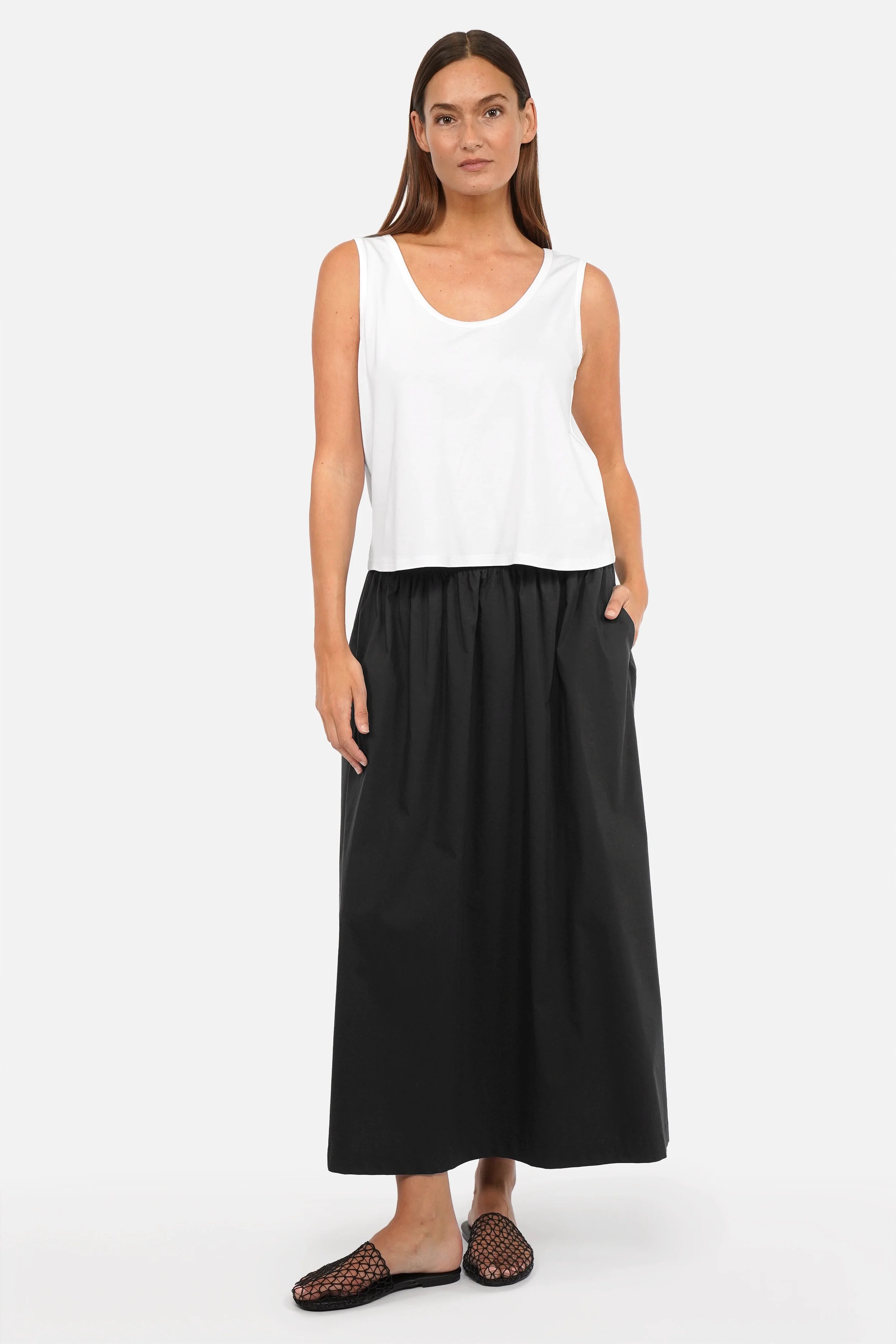 Damen Popeline Maxirock aus fein gewebter Baumwolle mit Gummibund und seitlichen Taschen in A-Linie, Maxi Länge und Relaxed Fit