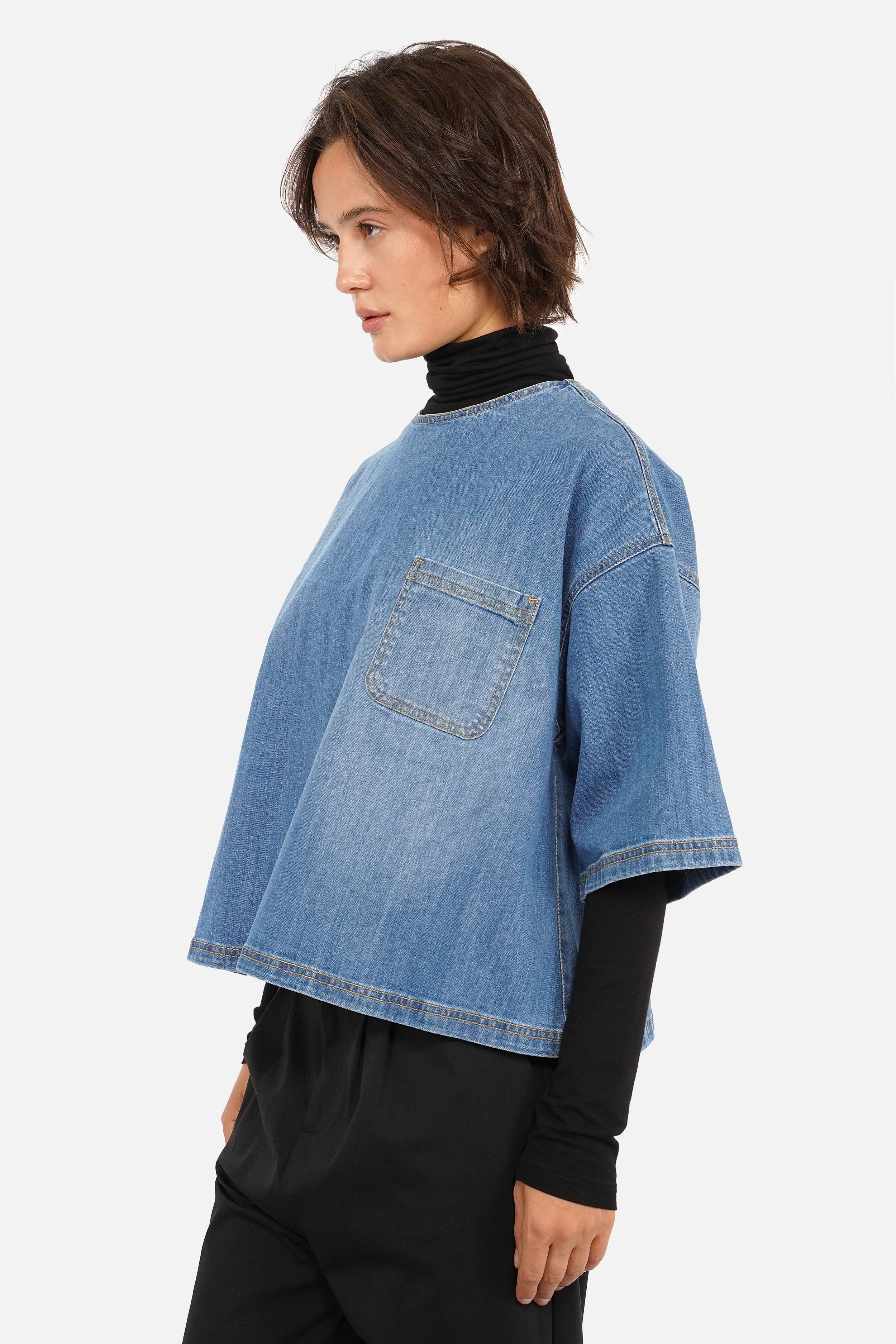 JANTE Denim Bluse mit Rundhalsausschnitt und Used-Waschung in relaxed Fit