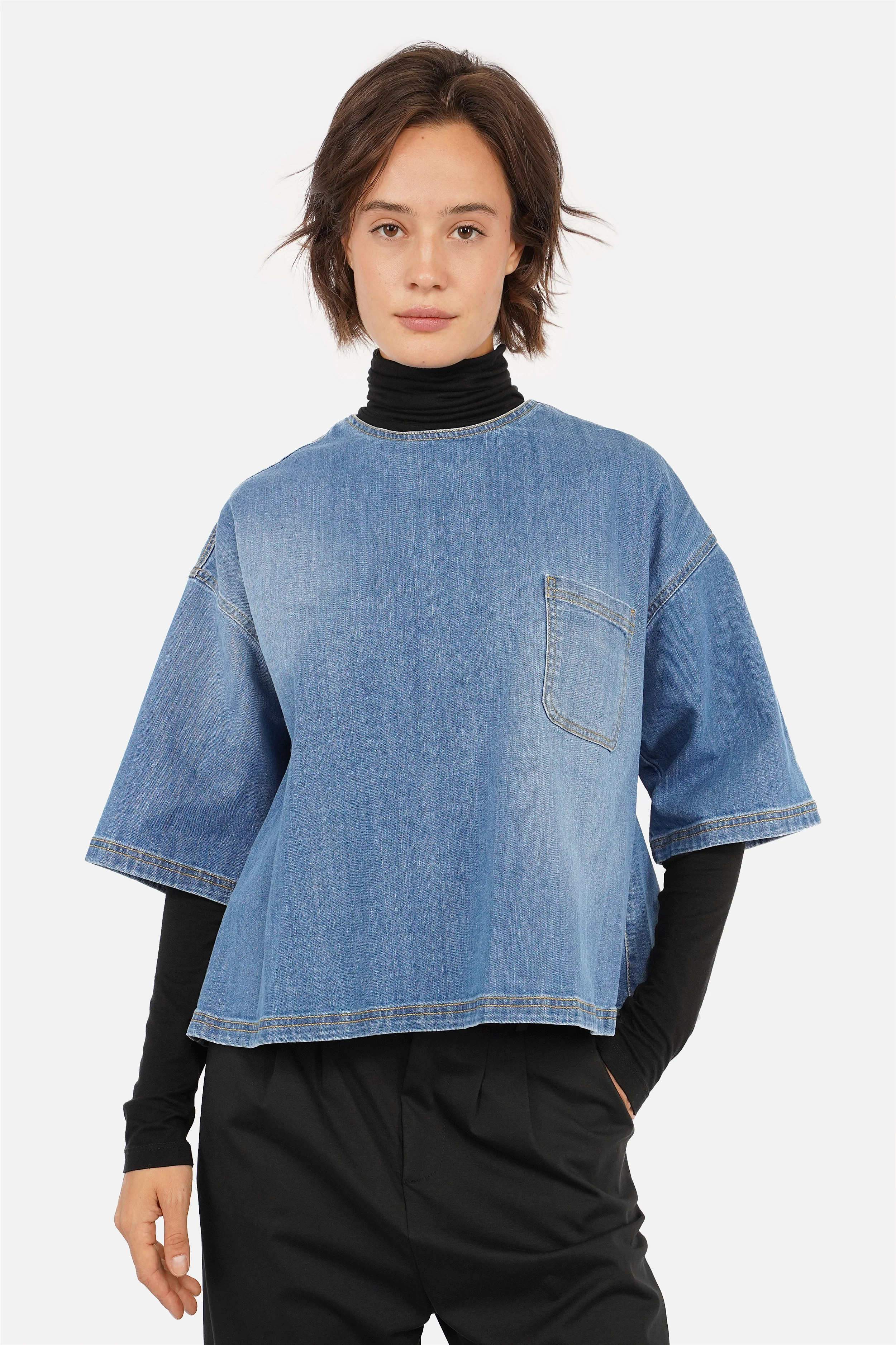 JANTE Denim Bluse leichte Used-Waschung Rundhalsausschnitt ellbogenlange Ärmel Brusttasche Relaxed Fit