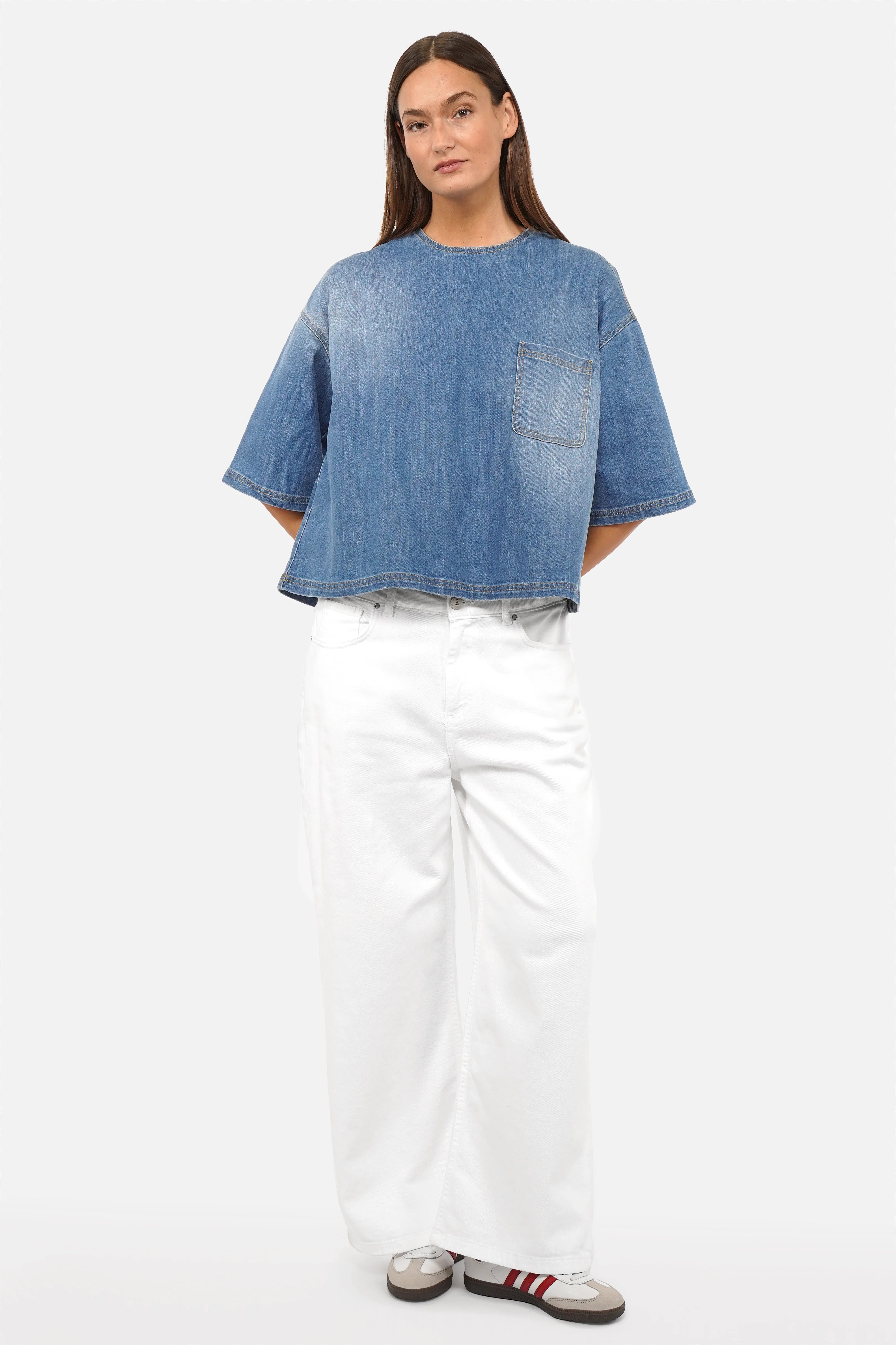 JANTE Denim Bluse leichte italienische Jeansbluse mit Rundhalsausschnitt und Brusttasche