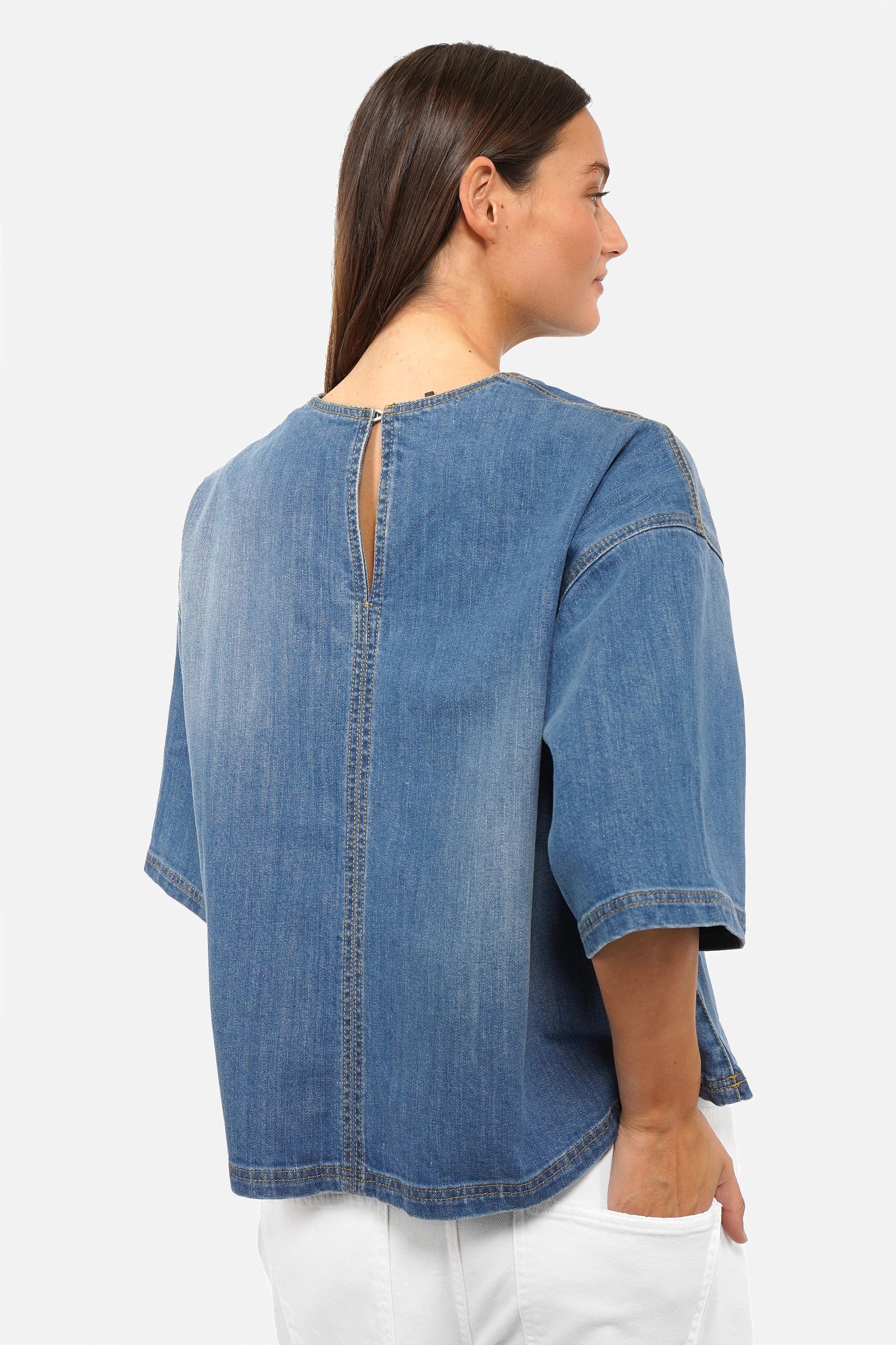 JANTE Denim Bluse leichte italienische Denimbluse mit Rundhalsausschnitt und Brusttasche