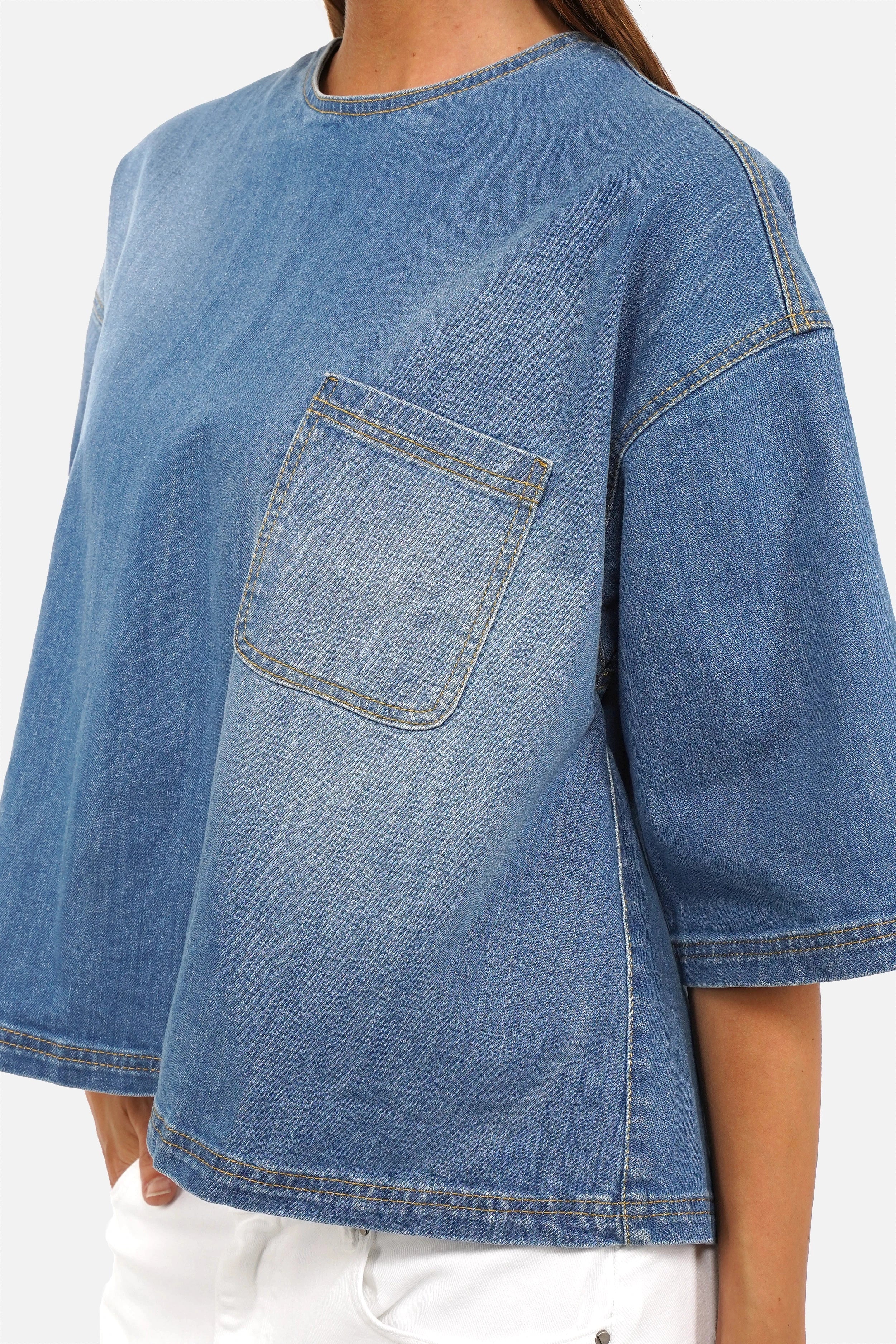 JANTE Denim Bluse leichte italienische Denimbluse mit Used-Waschung und Rundhalsausschnitt