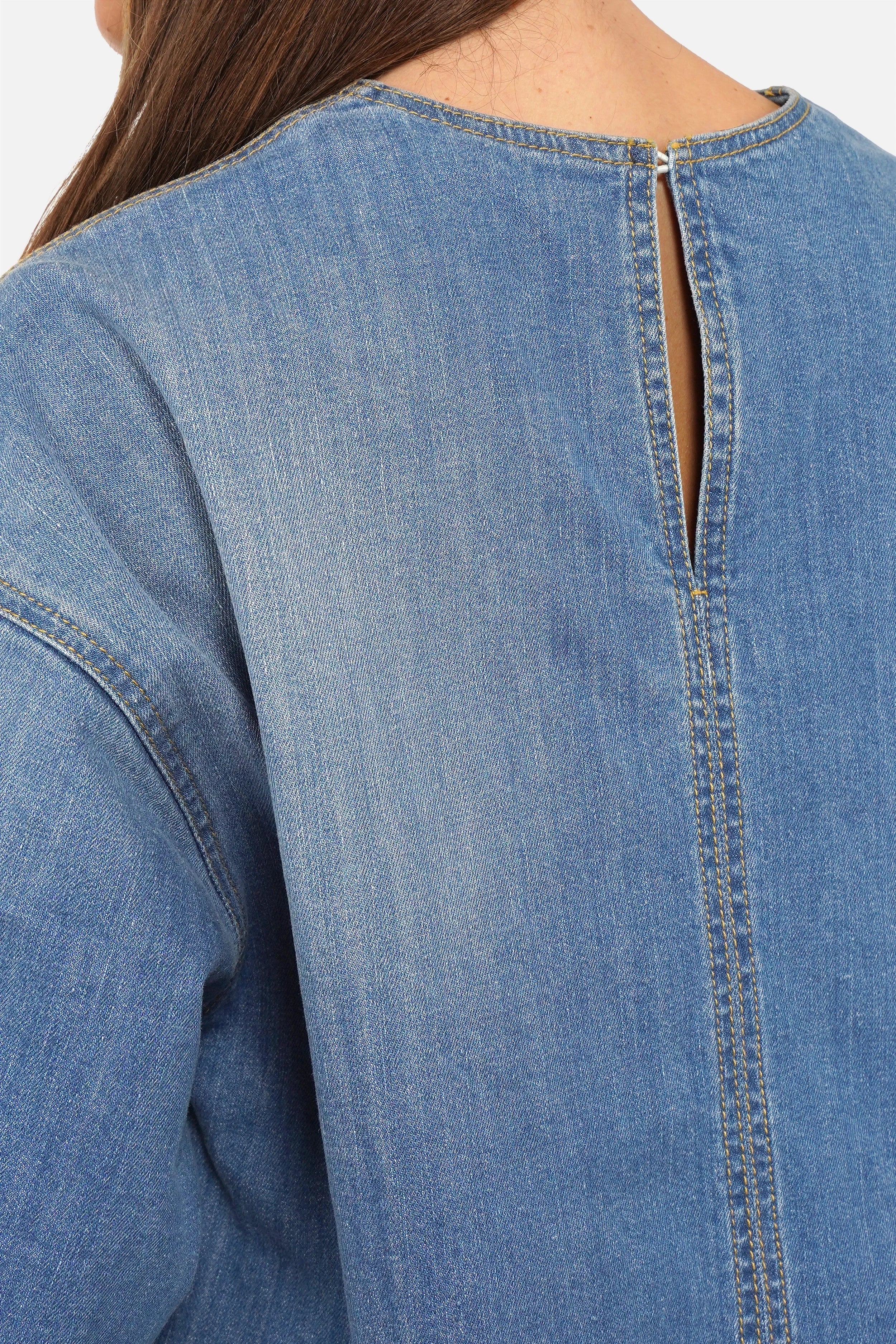 JANTE Denim Bluse italienische Herstellung, leichter Denim, Used-Waschung, Rundhalsausschnitt, Brusttasche, Relaxed Fit