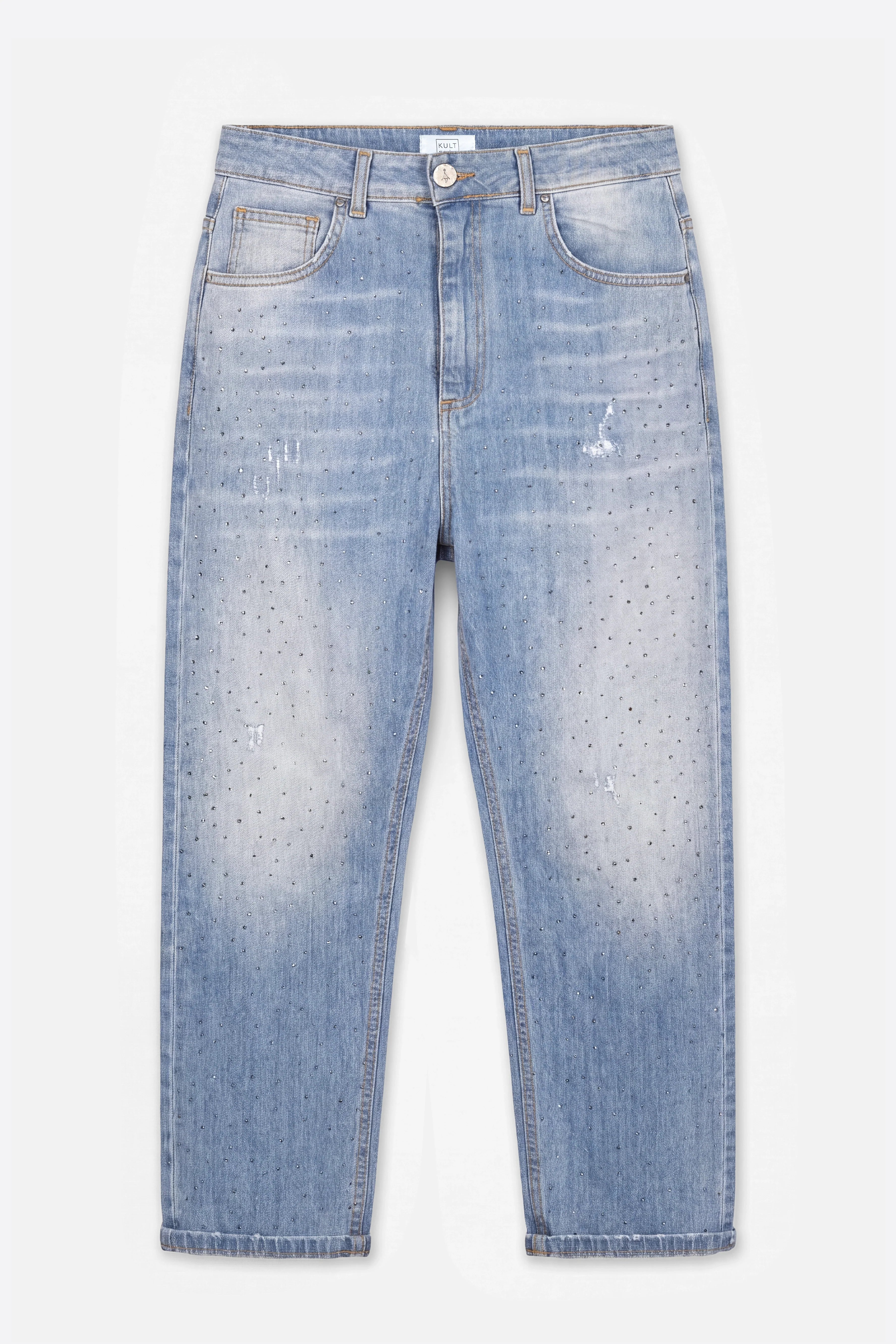 JEANY Baggy Jeans mit Strasssteinchen, leichter Denim, destroyed Look, relaxed Fit, 5 Pocket, italienische Herstellung