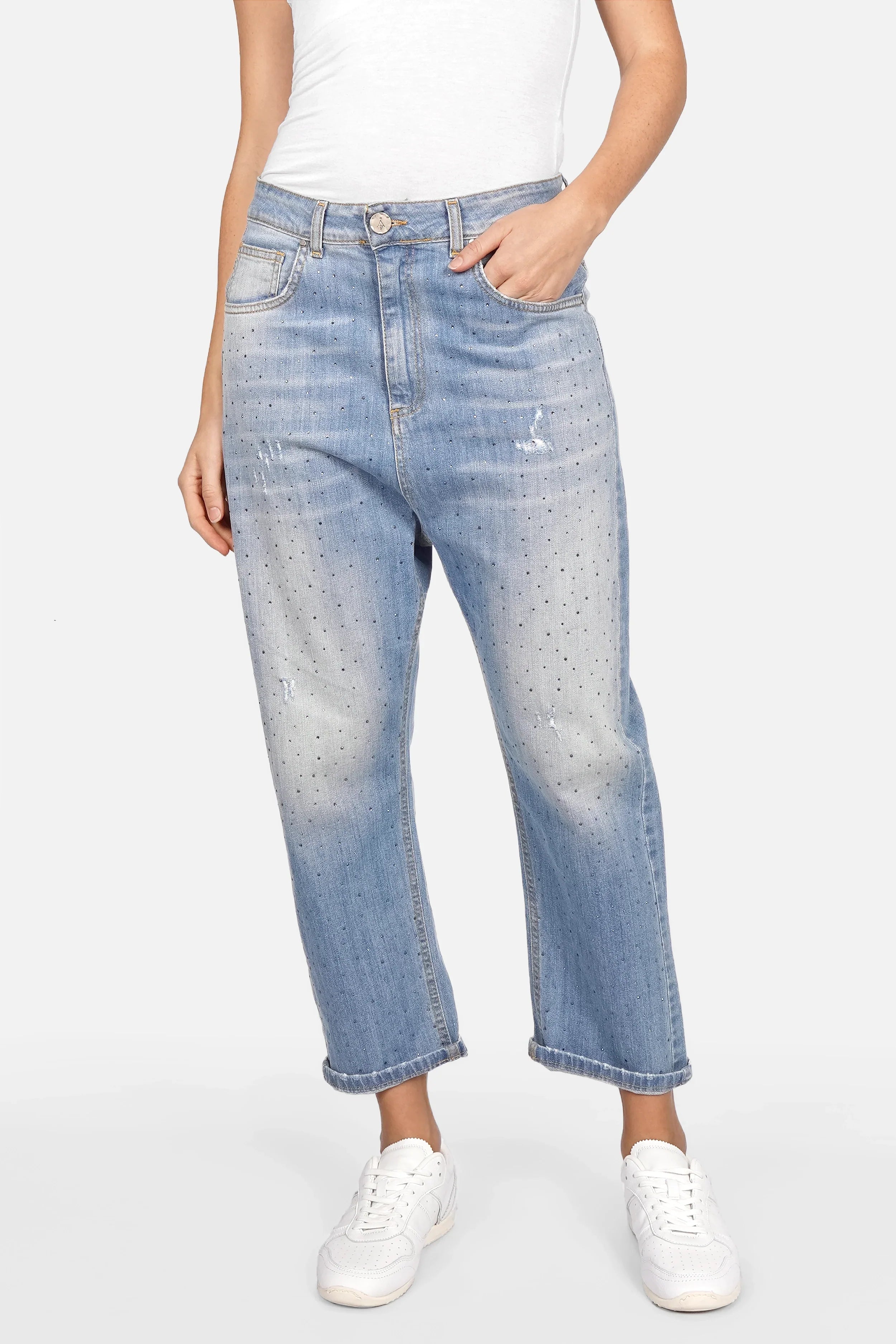 JEANY Baggy Jeans mit Strasssteinchen und Destroyed-Waschung aus leichtem Denim, entspannter Relaxed Fit, Italien gefertigt