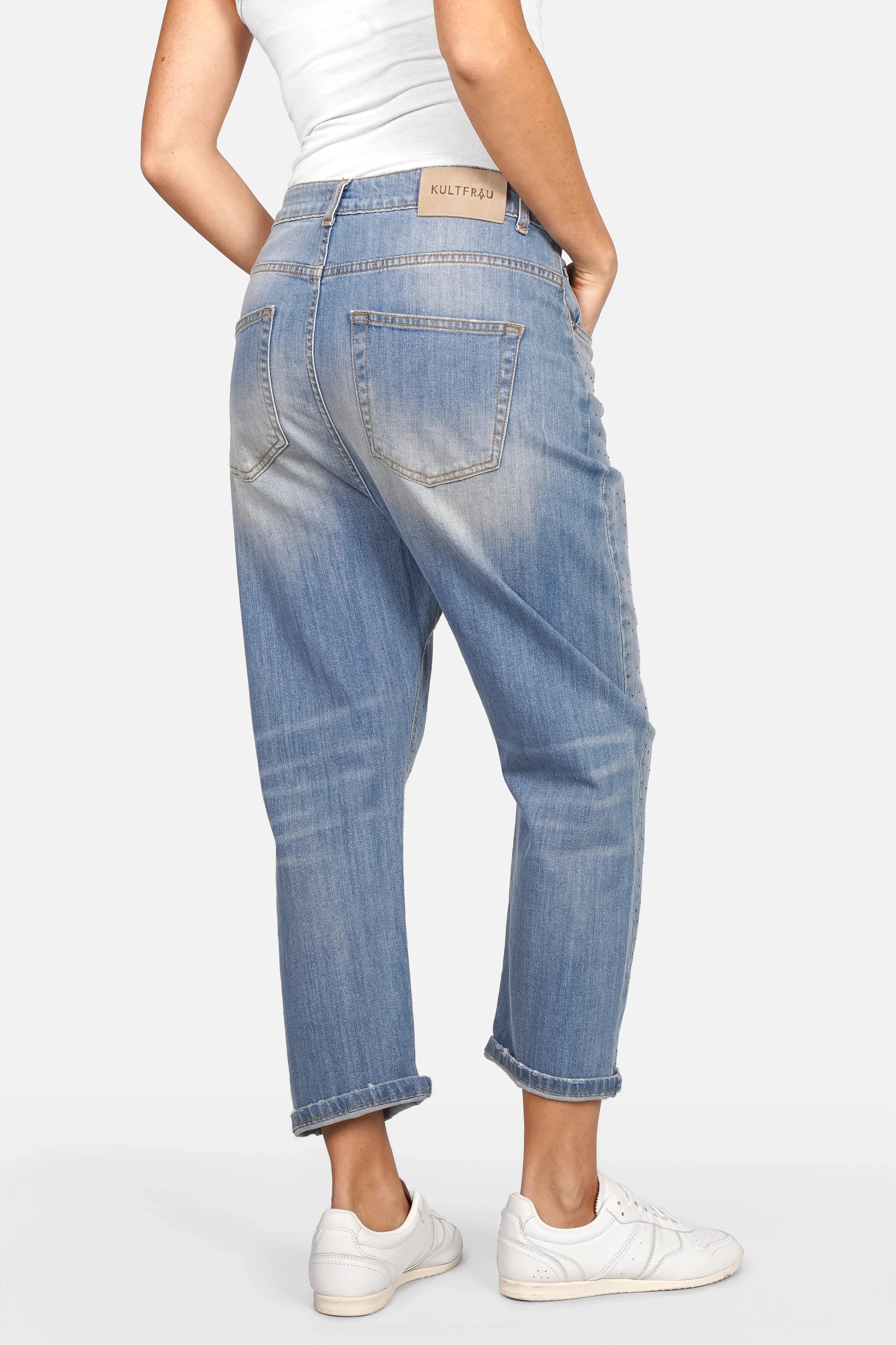 JEANY Baggy Jeans mit Strasssteinchen, locker geschnitten, destroyed Waschung, italienische Herstellung