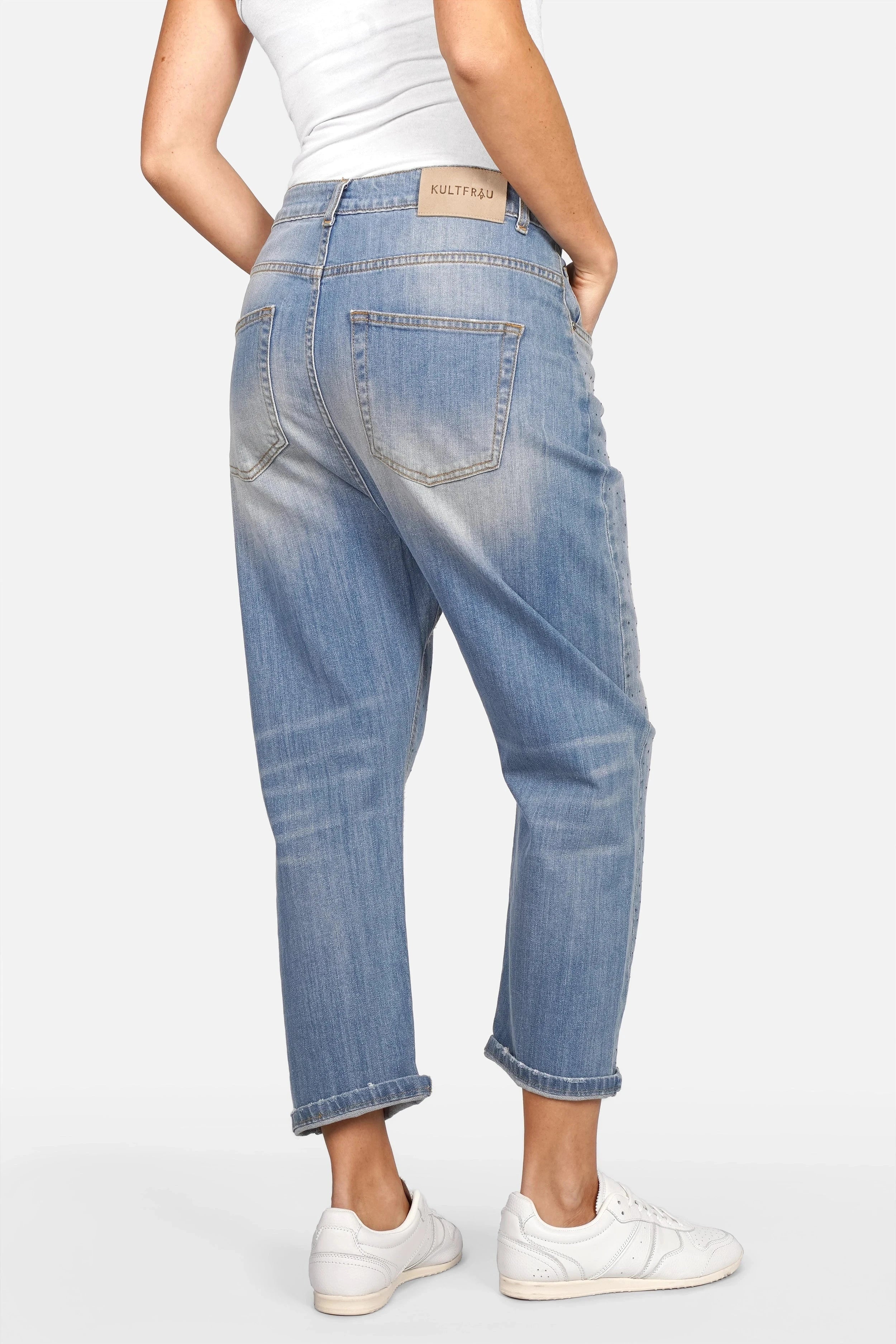 JEANY Baggy Jeans mit Strasssteinchen und destroyed Waschung in relaxed Fit aus leichtem Denim
