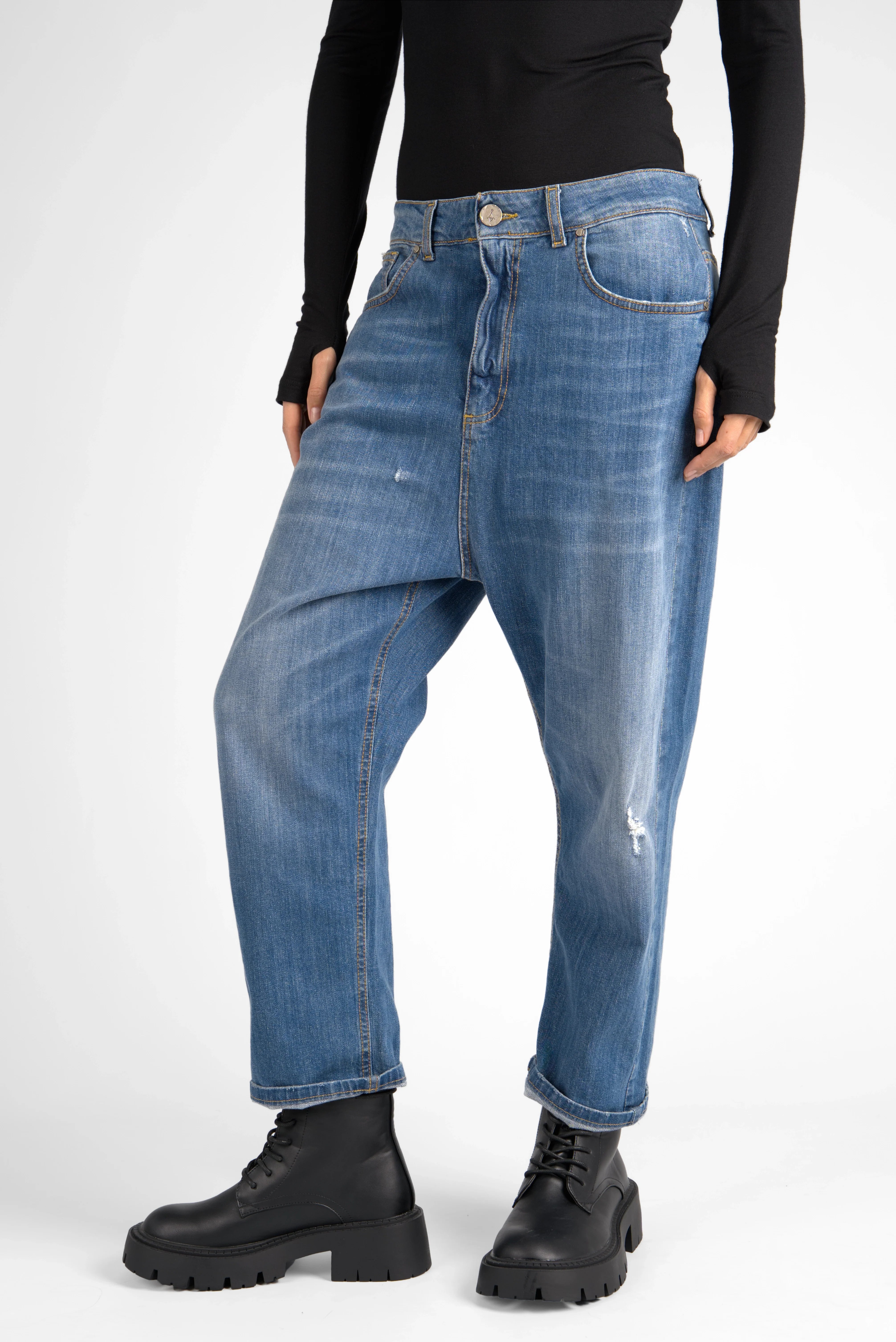 Jeany Baggy Jeans ultralässige Baggy Jeans mit Destroyed-Waschung und Kontrastnähten in Blau