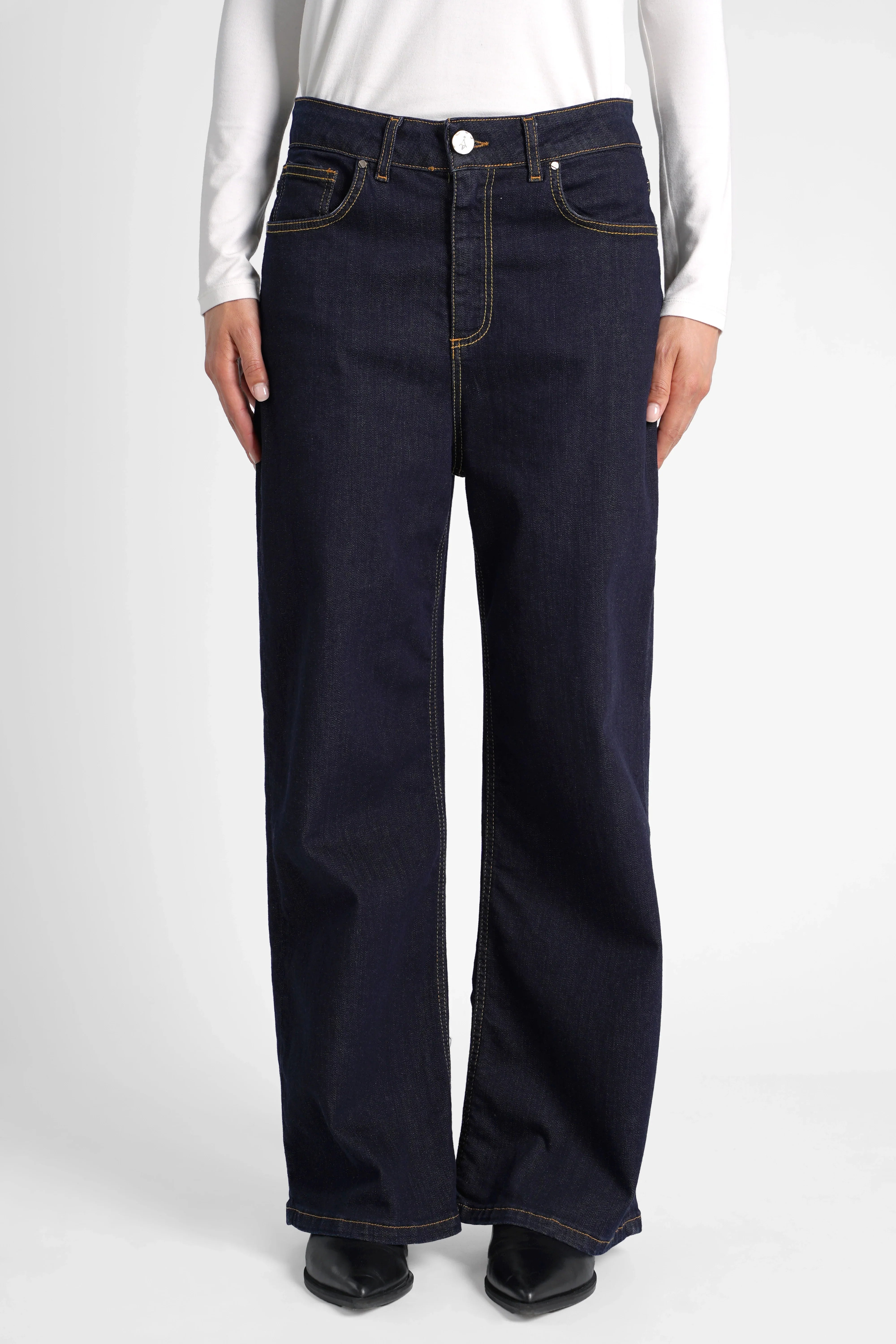 JOOSY Wide Leg Jeans in dark raw blue denim with relaxed fit and straight wide legs.