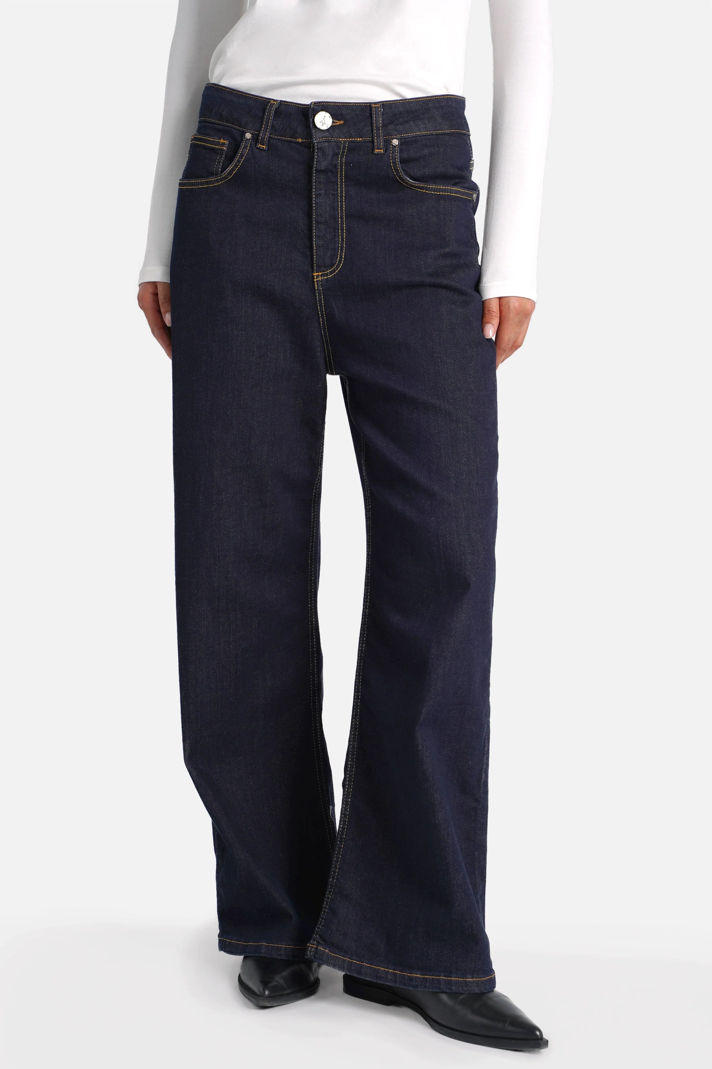 Damen JOOSY Wide Leg Jeans aus weichem, elastischem Denim in Raw Blue mit Kontrastnähten und weitem Bein