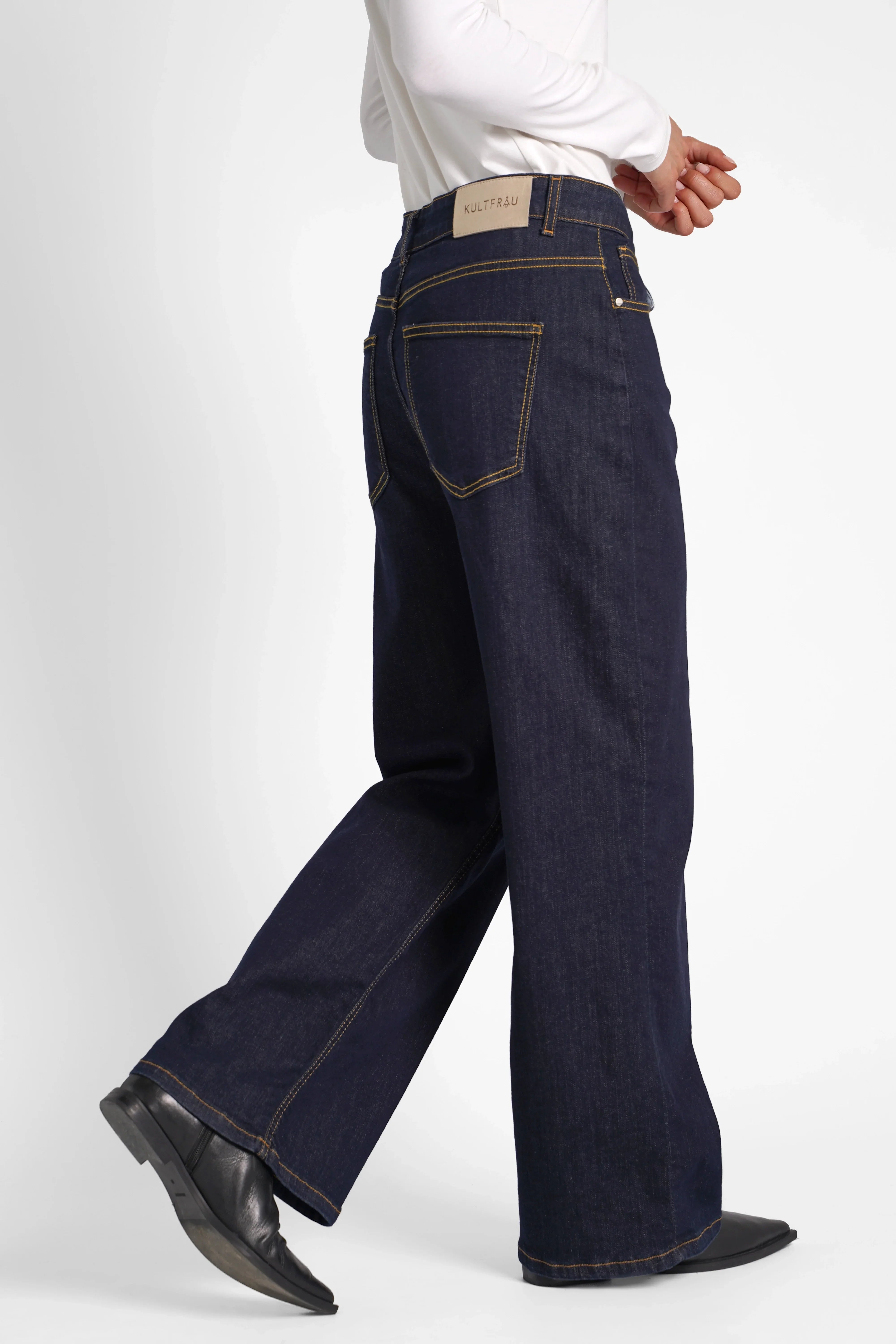 JOOSY Wide Leg Jeans dark denim relaxed fit wide leg high waist raw blue contrast stitching