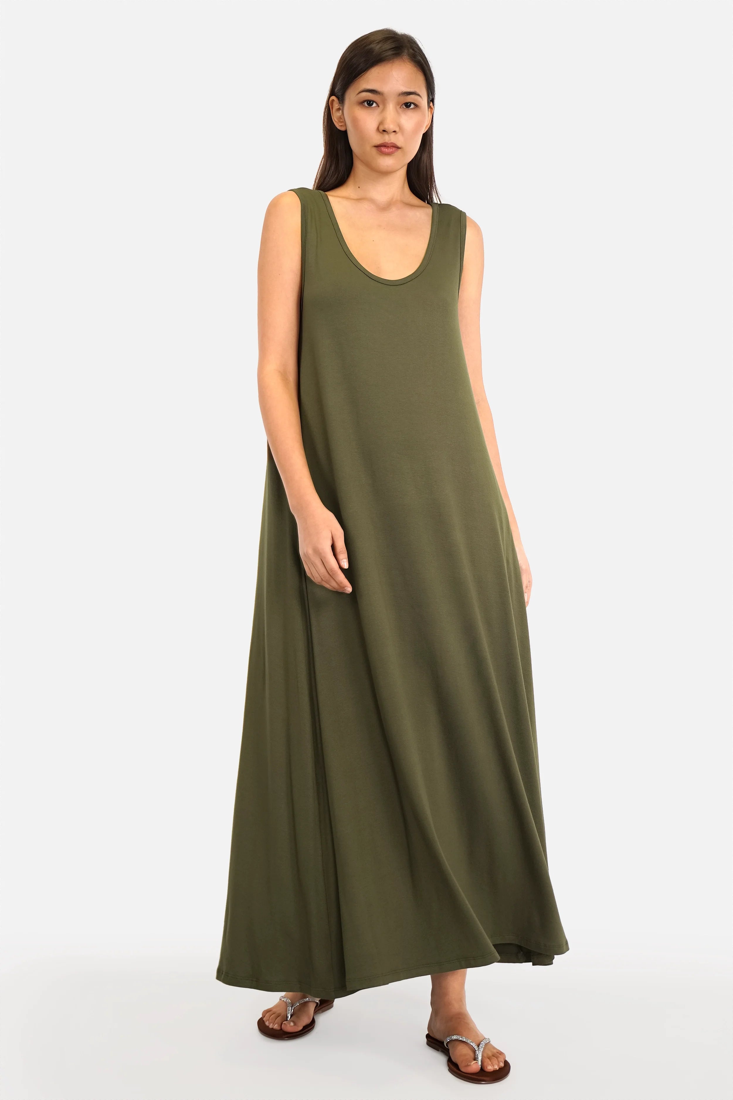 JOVRA Jersey Maxikleid fließendes Viskosejersey mit tiefem Rundhals- und Rückenausschnitt, seitlichen Taschen, A-Linie und Maxi Länge