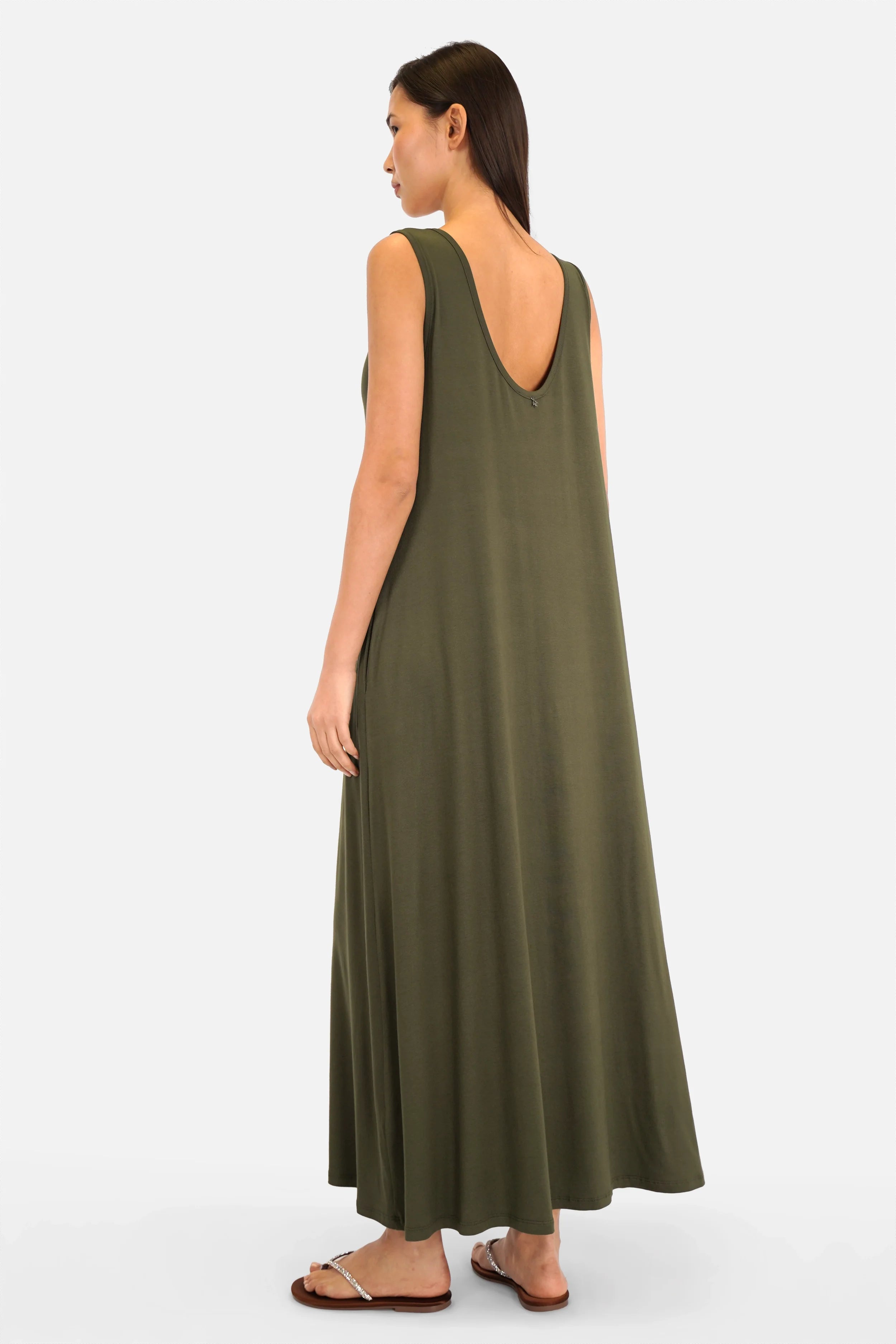 JOVRA Jersey Maxikleid fließend A-Linie Maxi Kleid mit tiefem Rundhals- und Rückenausschnitt und Seitentaschen