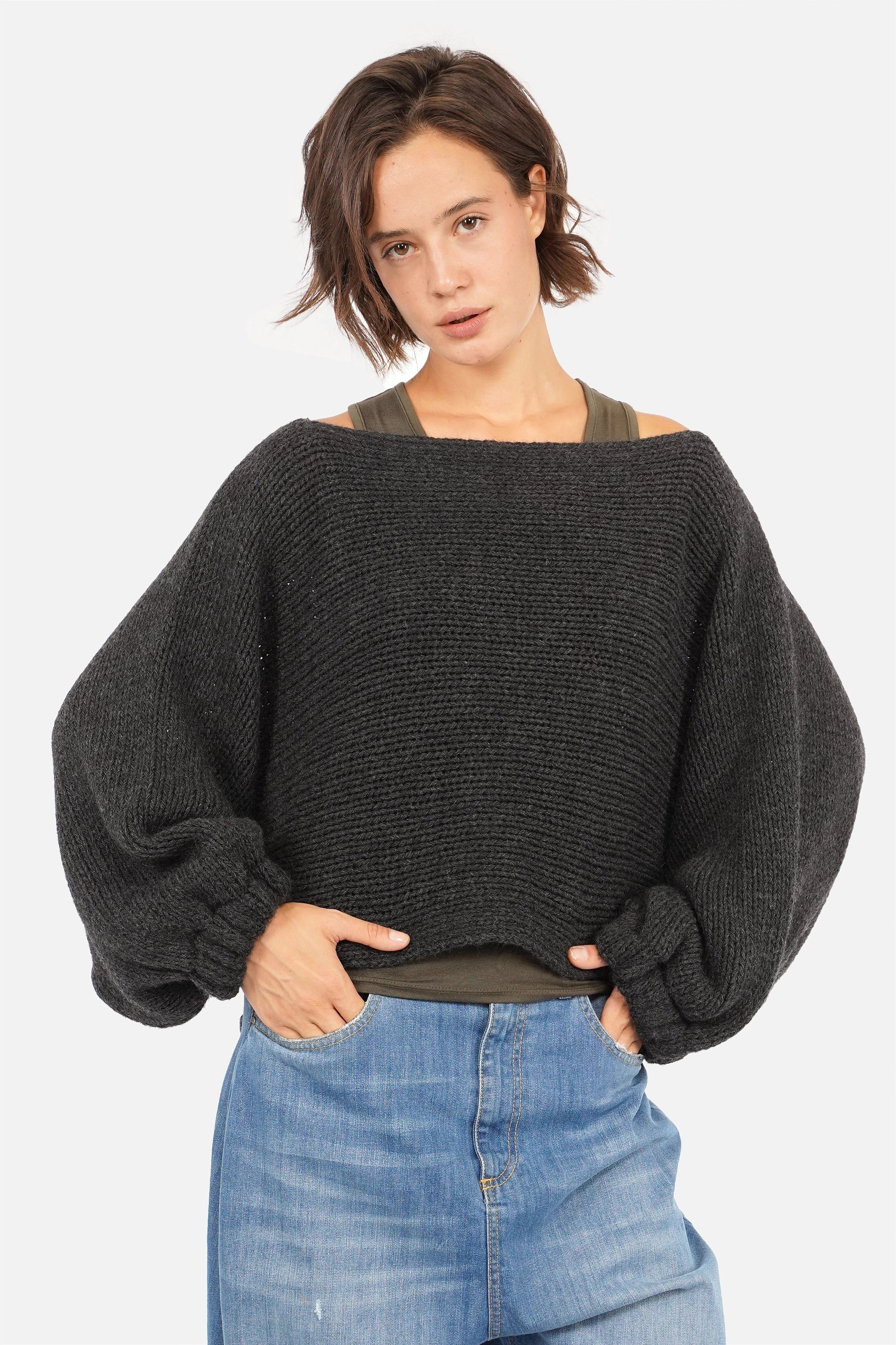 JULINA Grobstrick-Pullover mit Ballonärmeln, weiter U-Boot-Ausschnitt, lässiger Oversized Fit und elastische Ärmelabschlüsse