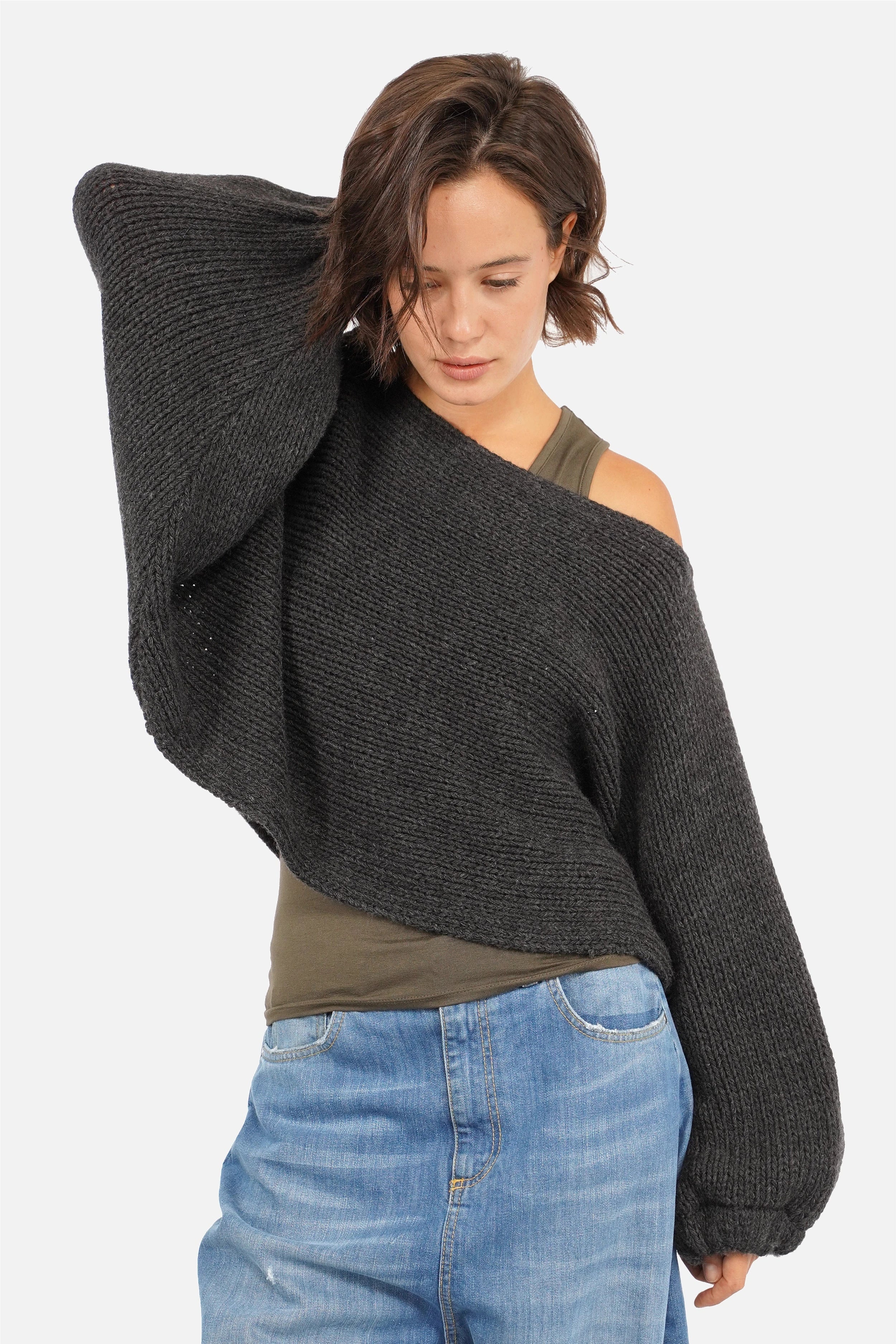 Damen Grobstrick-Pullover mit Ballonärmeln und weitem U-Boot-Ausschnitt in oversized Passform