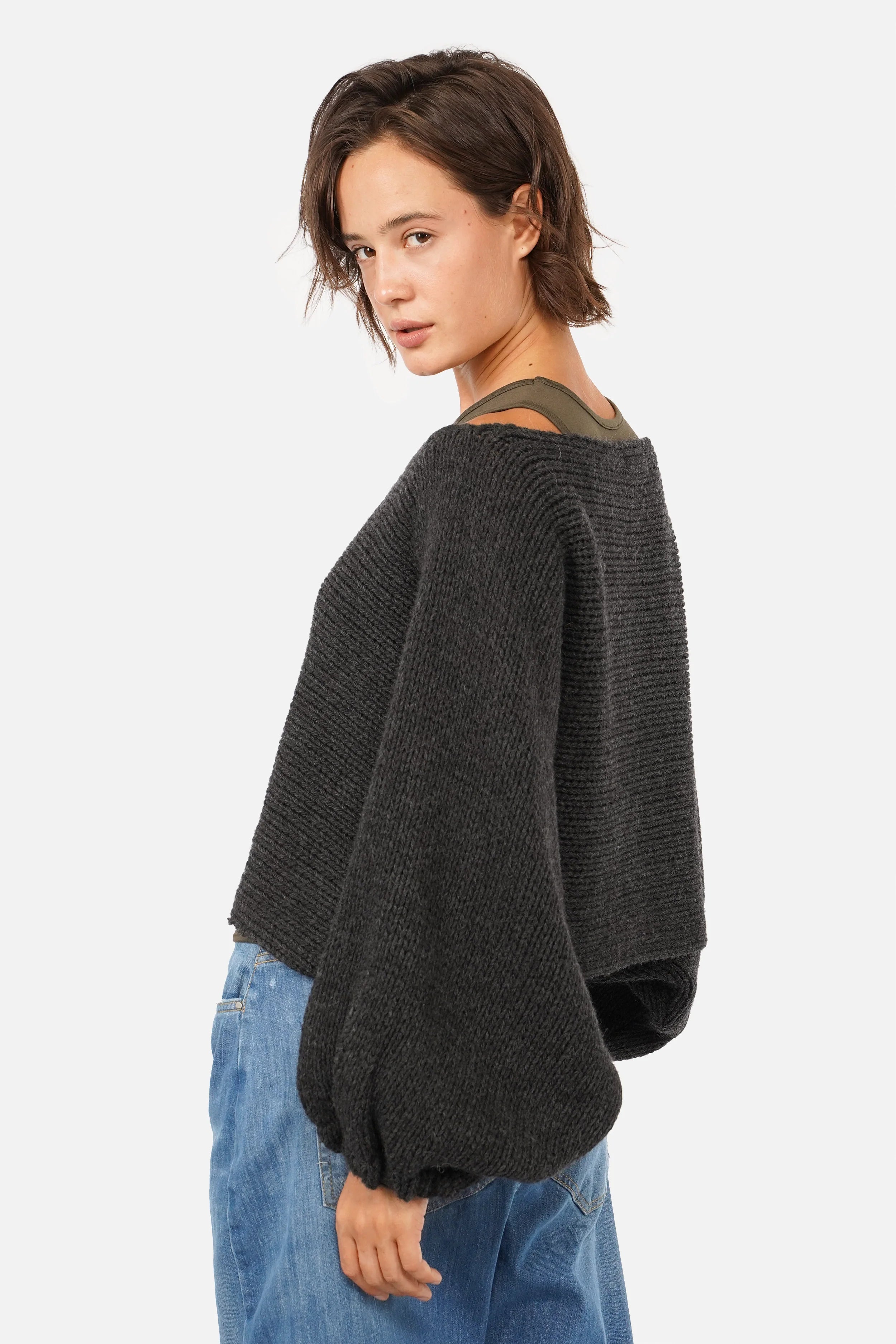 Grobstrick-Pullover mit Ballonärmeln und weitem U-Boot-Ausschnitt, oversized Fit