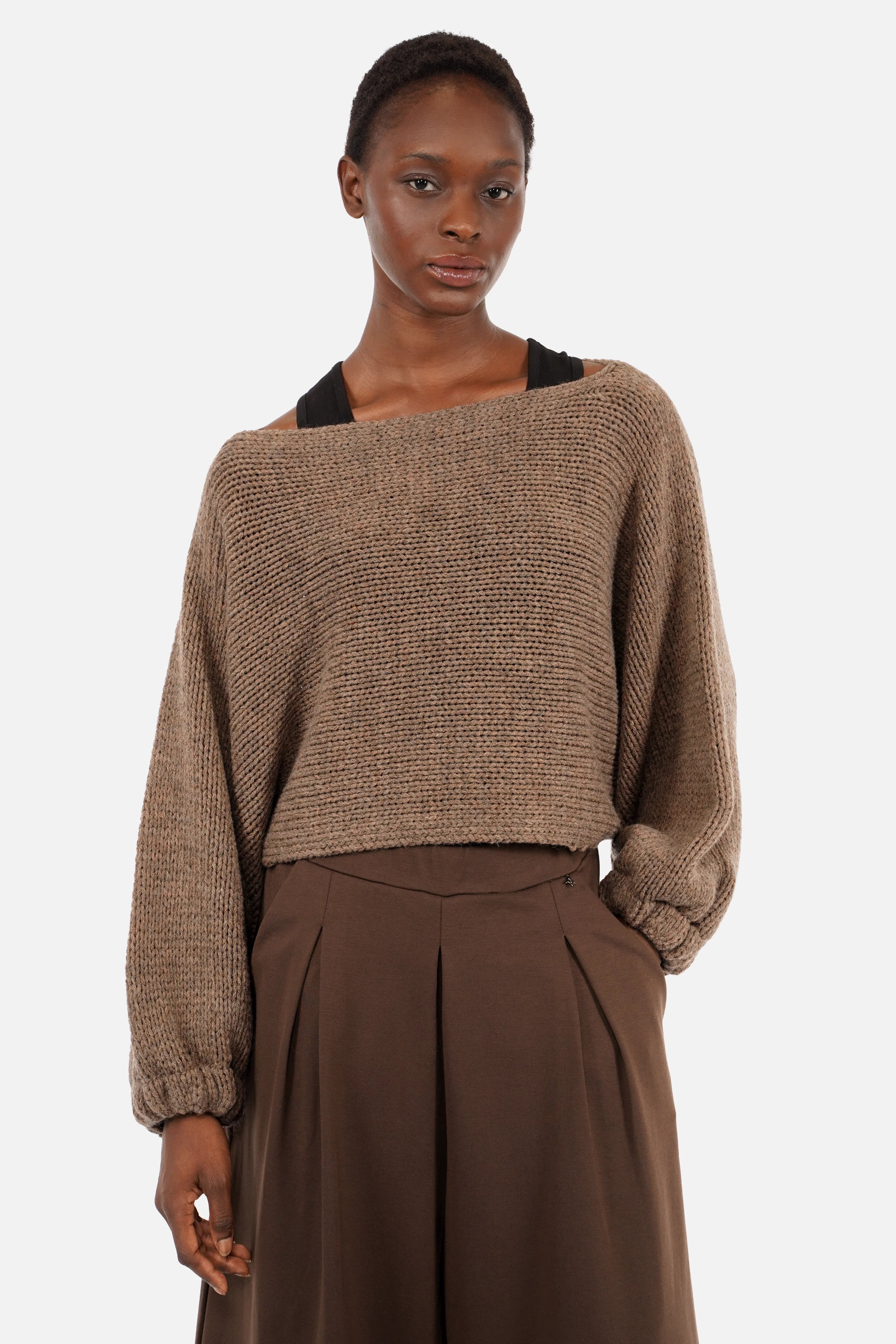 JULINA Grobstrick-Pullover mit Ballonärmeln und weitem U-Boot-Ausschnitt im lässigen Oversized Fit
