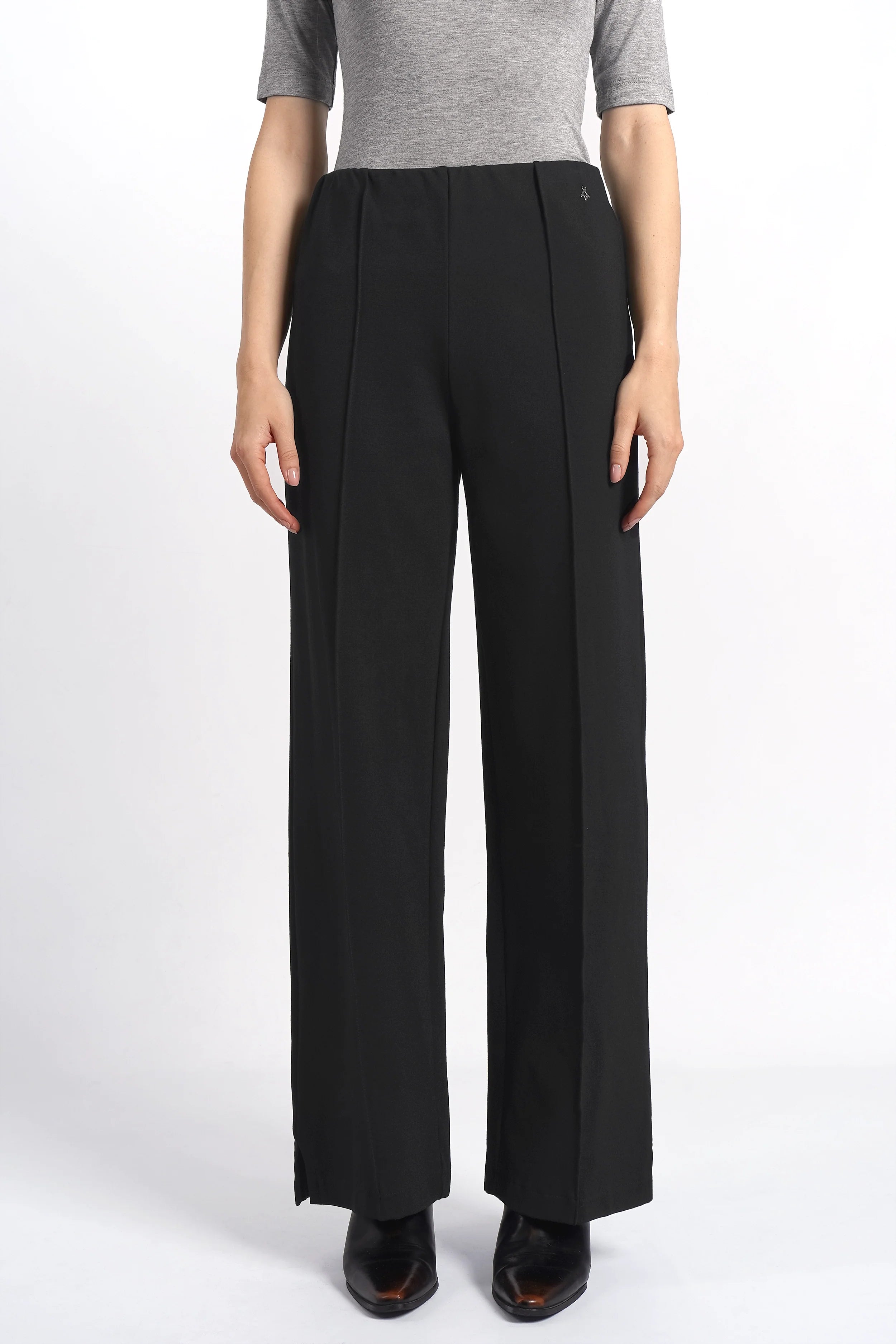 KANDANEA Gerade Hose schwarze gerade geschnittene Hose mit Gummibund und Biesen vorne