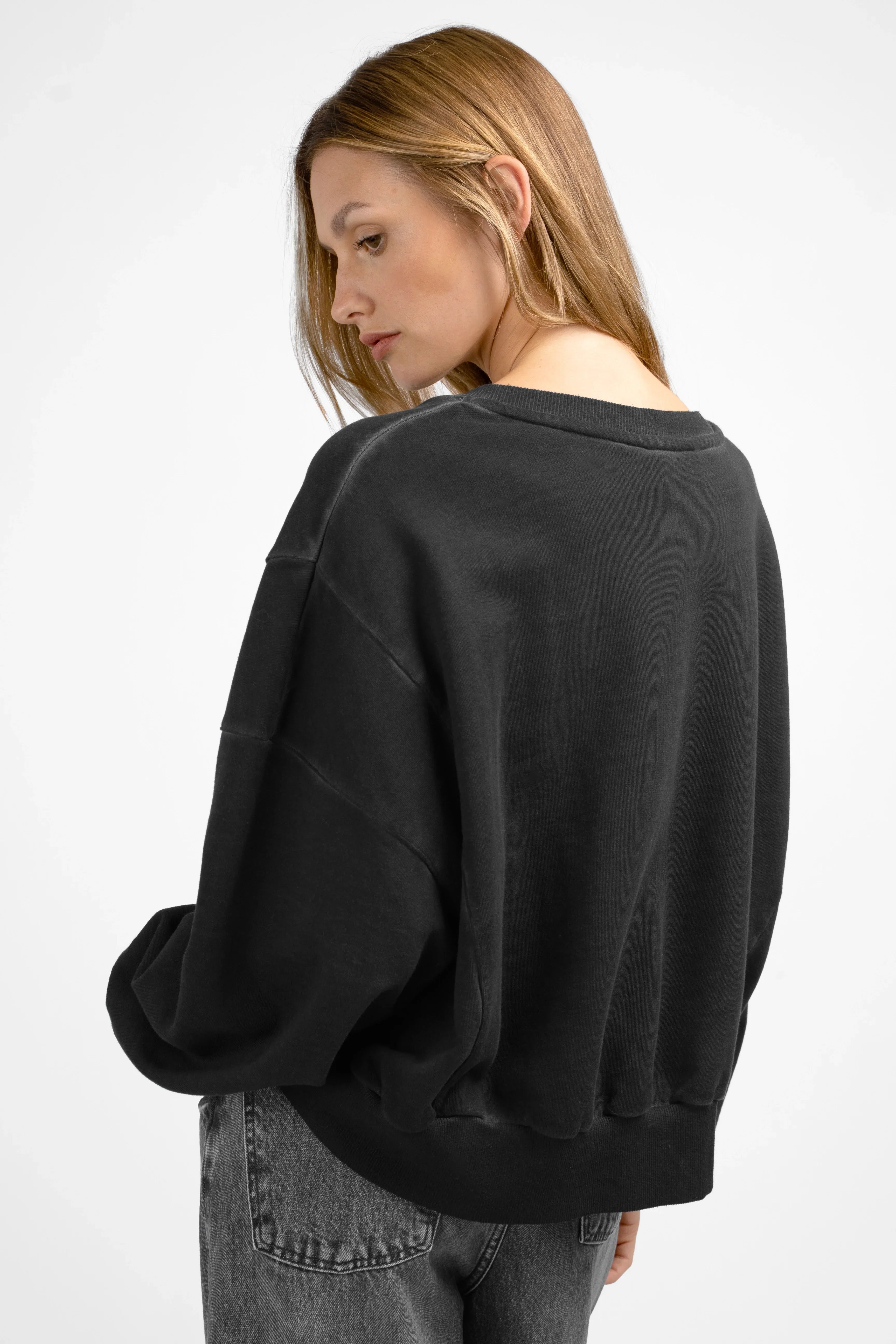 KERY Cropped Sweater oversized fit with U-boat neckline and cold-washed black cotton fabric