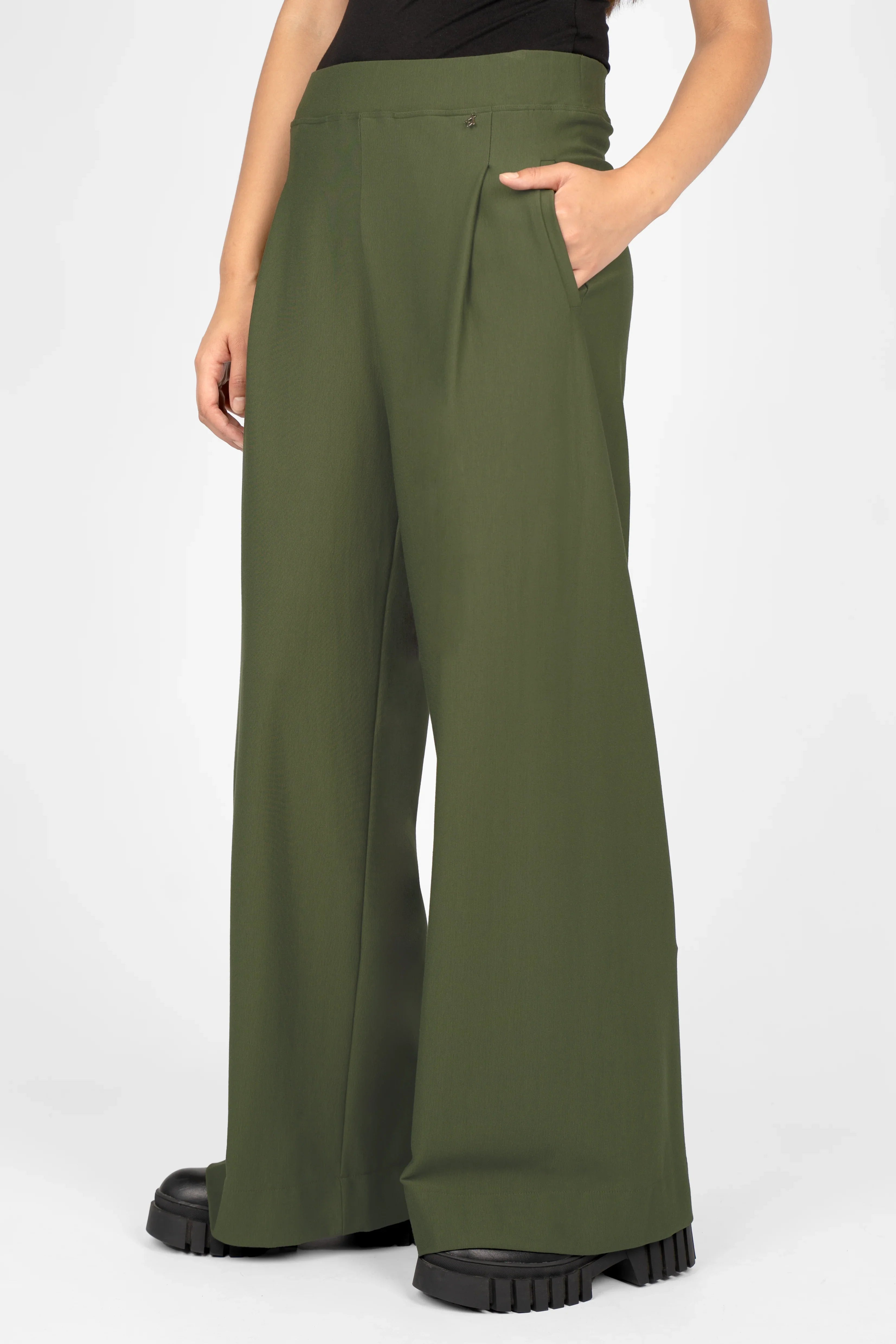 Olive green KLARA.K wide leg pants with elastic waistband and side pockets