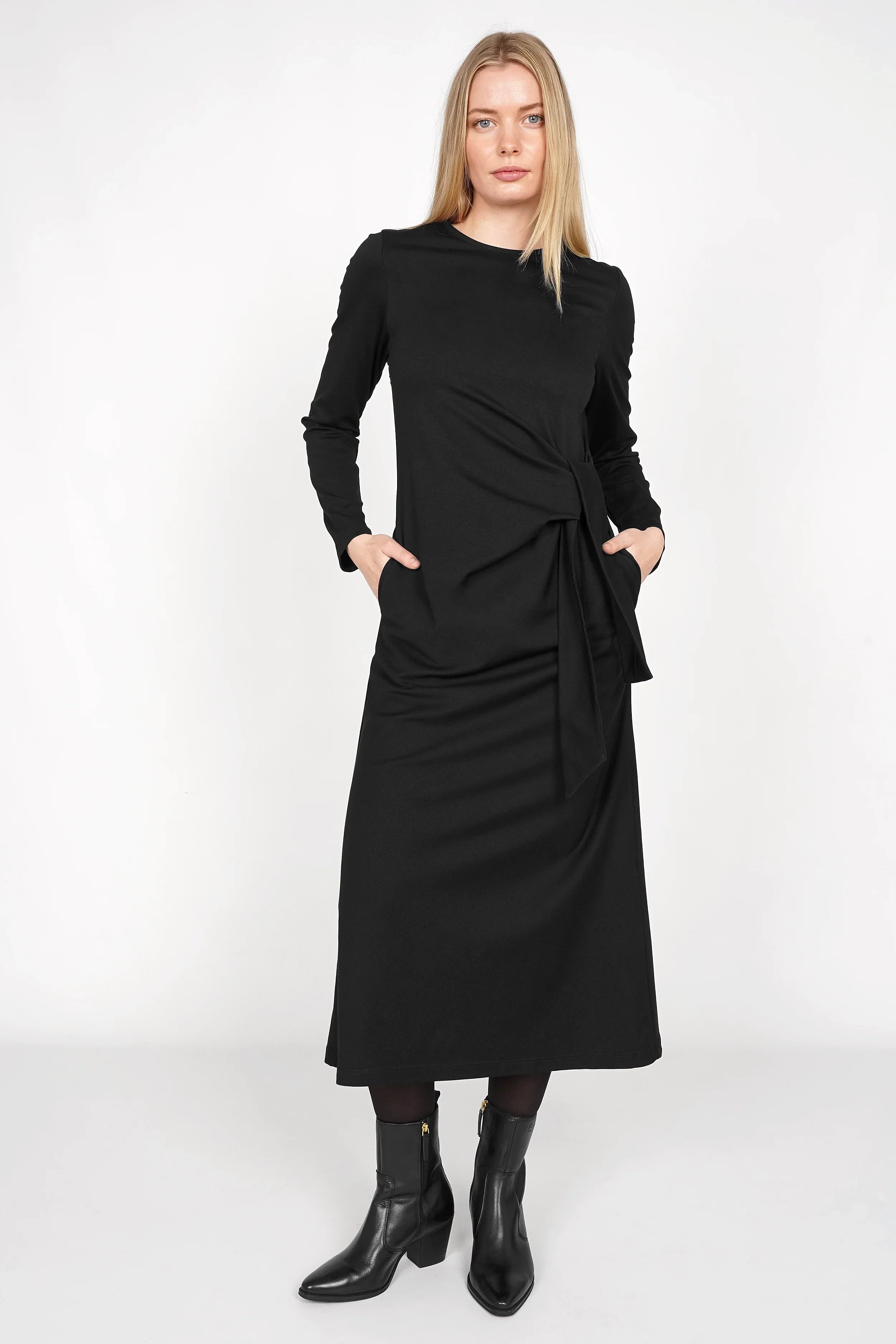 DIONI Kleid schwarzes Viskose-Jersey Wickelkleid midi Regular Fit mit seitlicher Drapierung und Taschen