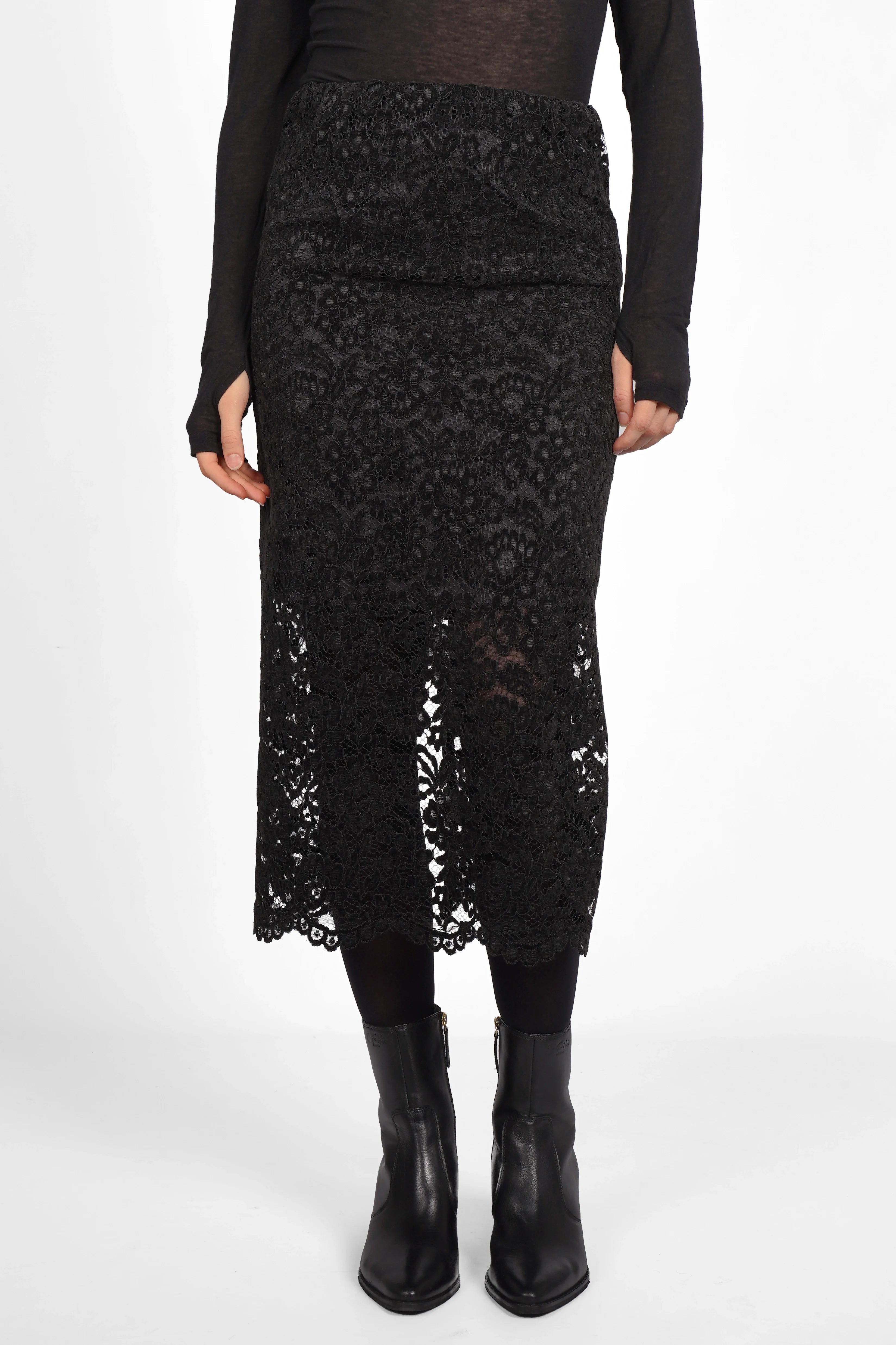 LAACE Pencil Rock schwarzer Spitzenrock mit floralem Muster und elastischem Bund, midi Länge mit transparentem Saum und seitlichem Schlitz