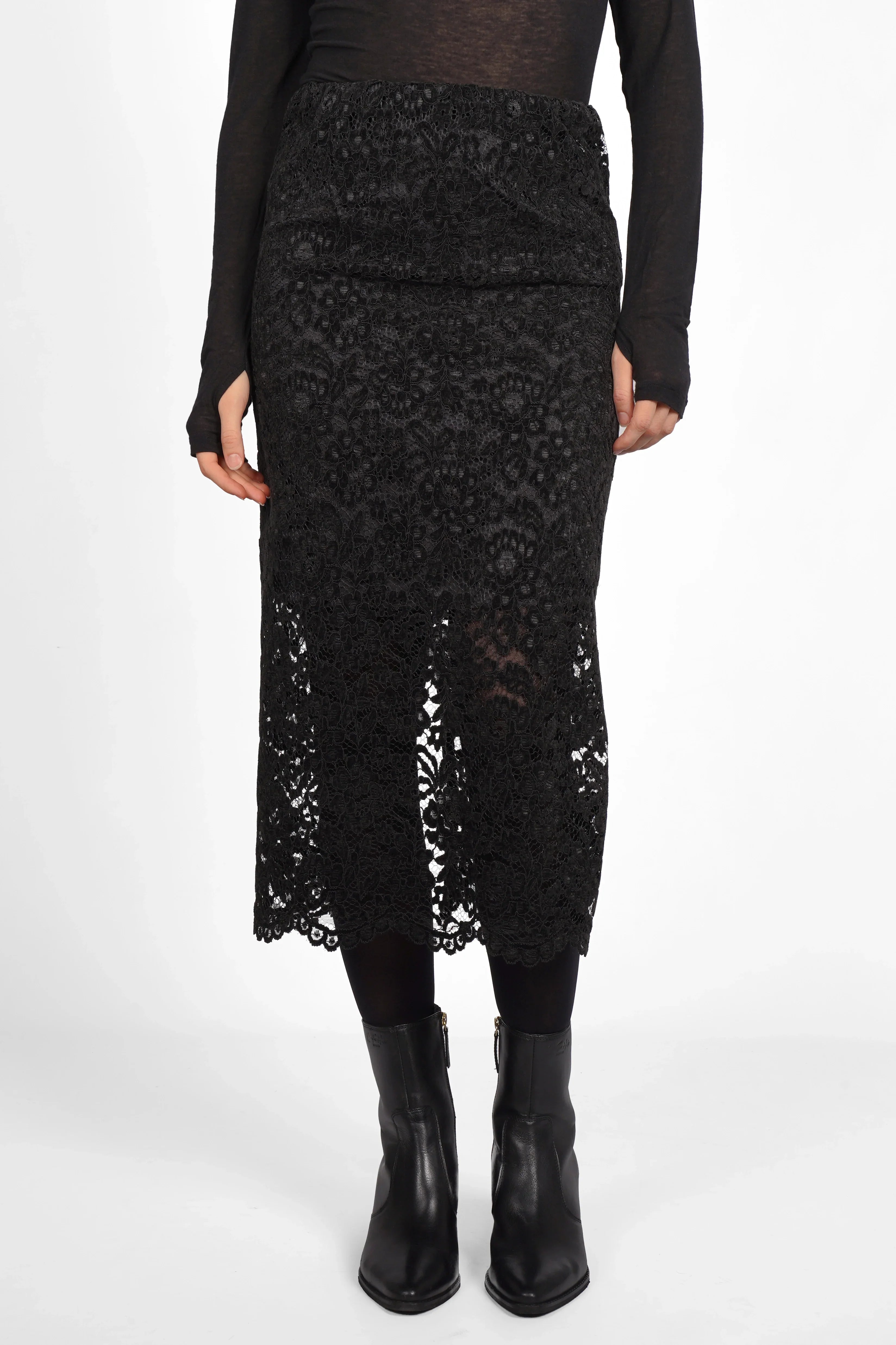 LAACE Pencil Rock schwarzer Spitzenrock mit transparentem Saum und elastischem Bund