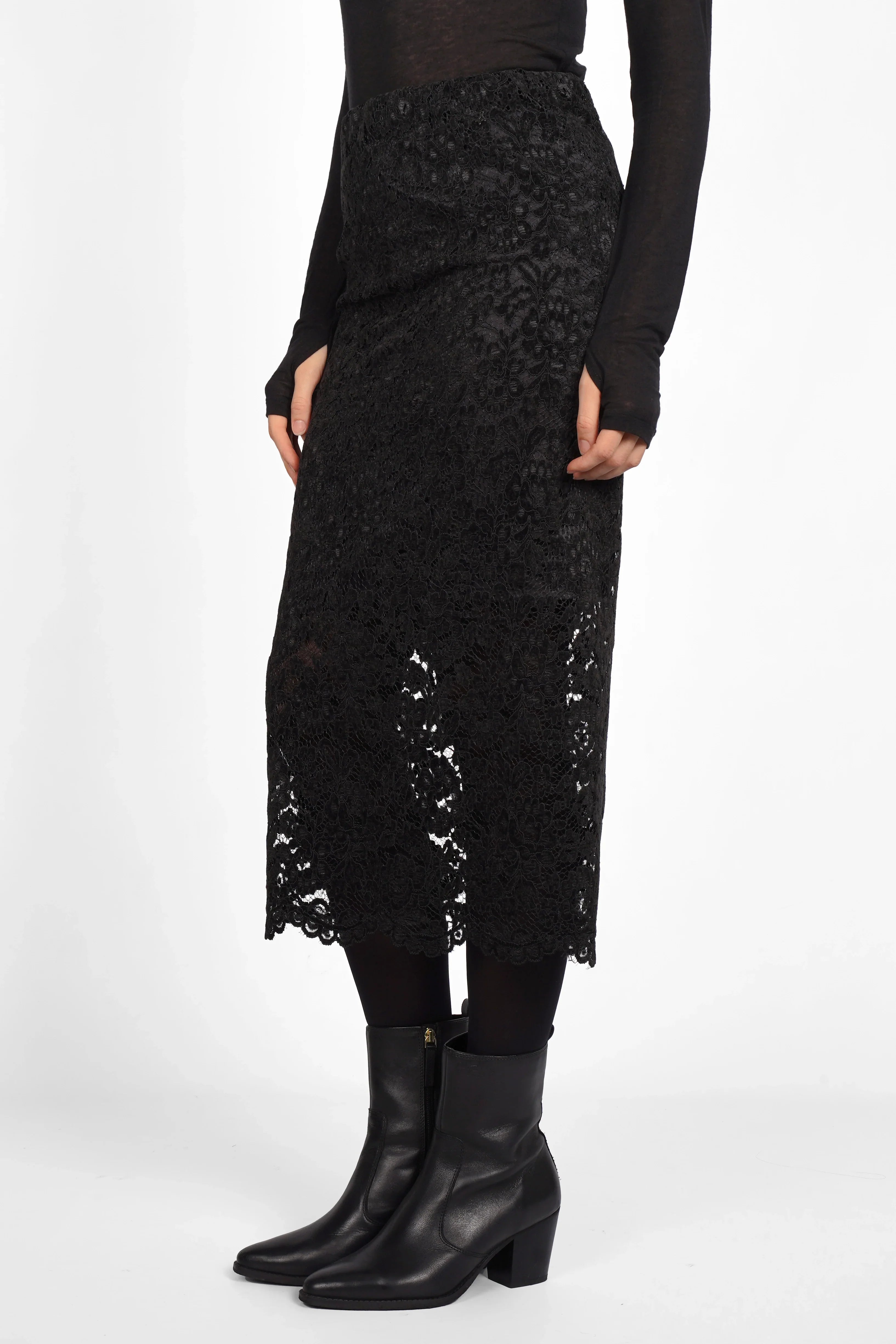 LAACE Pencil Rock schwarzer Spitzemidirock mit elastischem Bund und kleinem Rückenschlitz