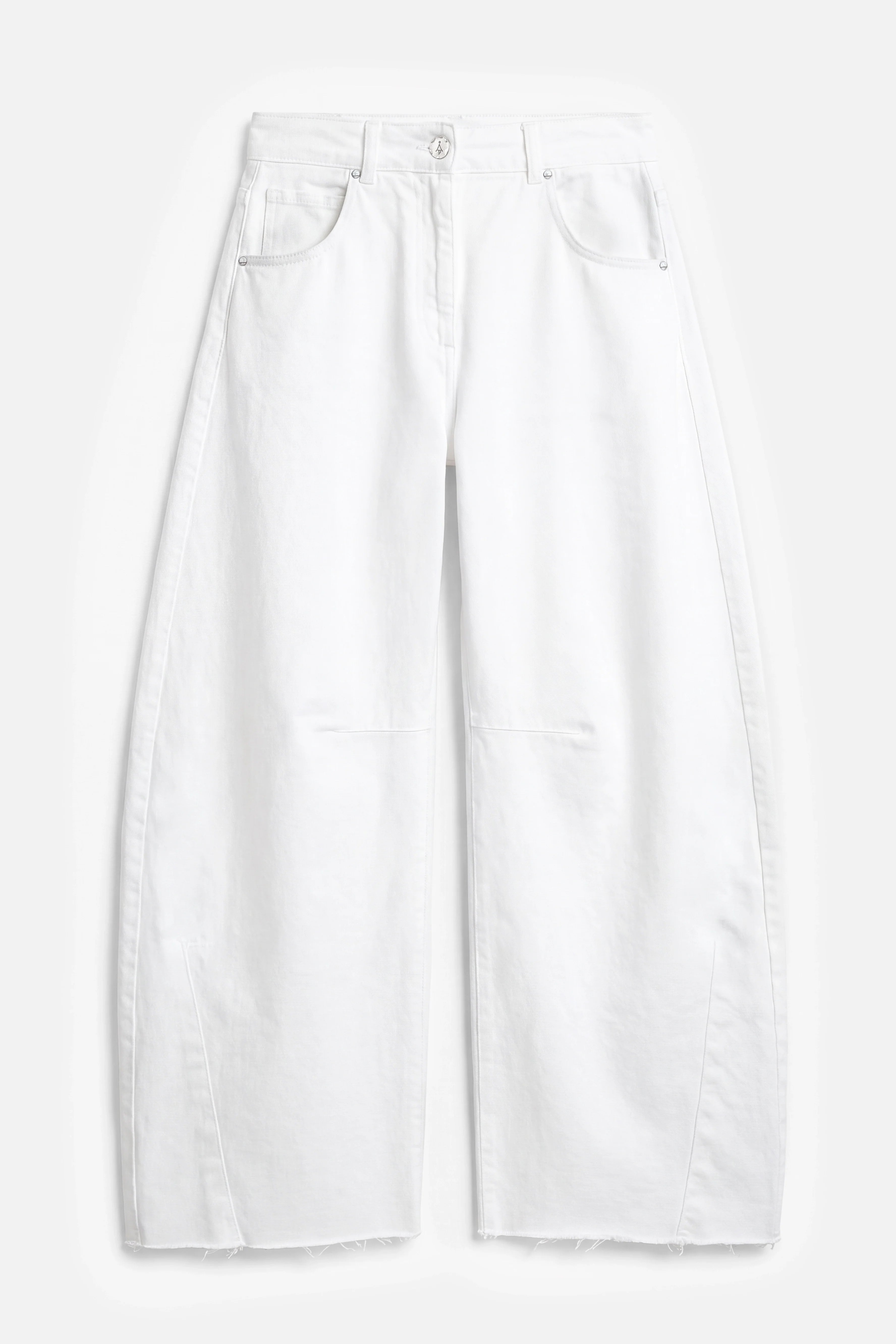 Weite Barrel Jeans aus italienischem Coloured Denim mit Whisker-Effekt und Destroyed-Details in Raw-Cut Saum