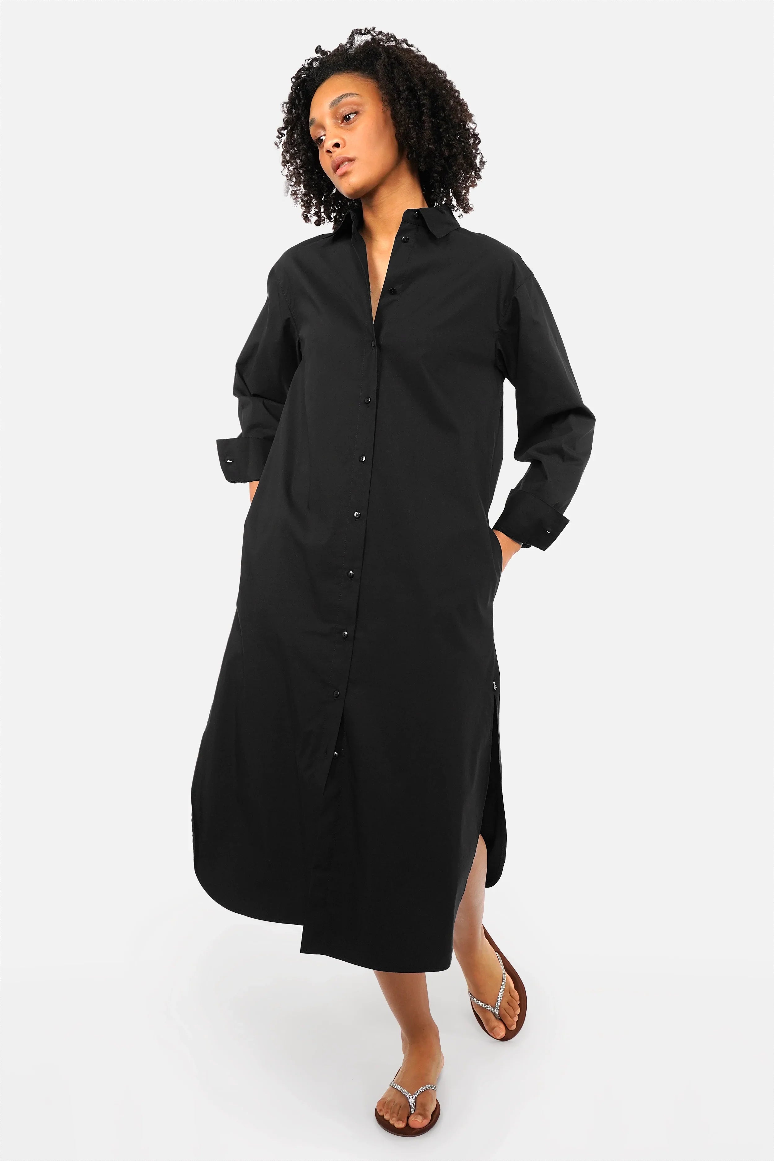 LARJE Popeline Hemdblusenkleid Baumwollpopeline Midi Kleid mit Hemdkragen und Knopfleiste