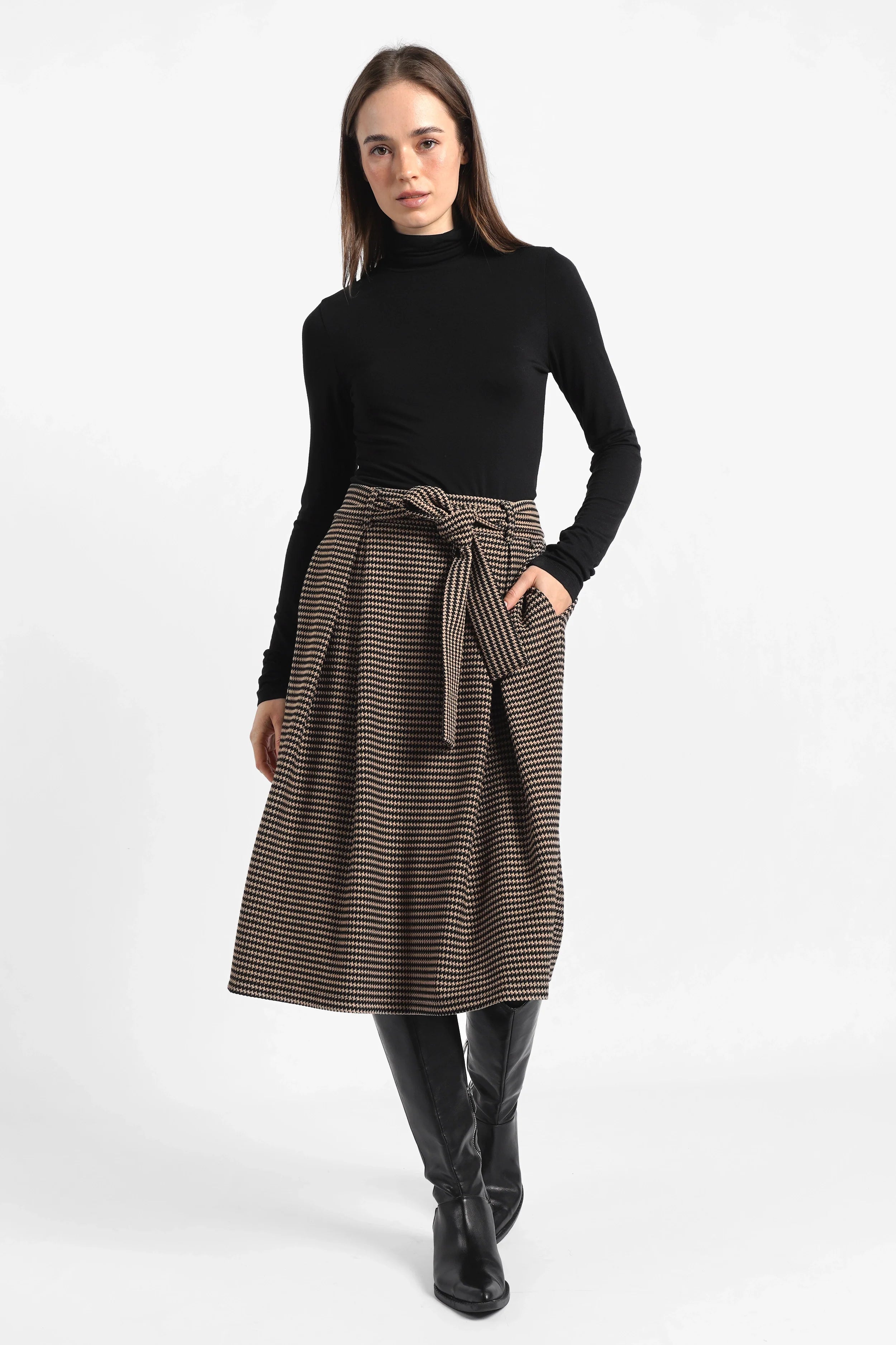 LAVIEE Rock mit Hahnentrittmuster, A-Linie, Bindegürtel, elastischem Bund und seitlichen Eingrifftaschen, midi Länge